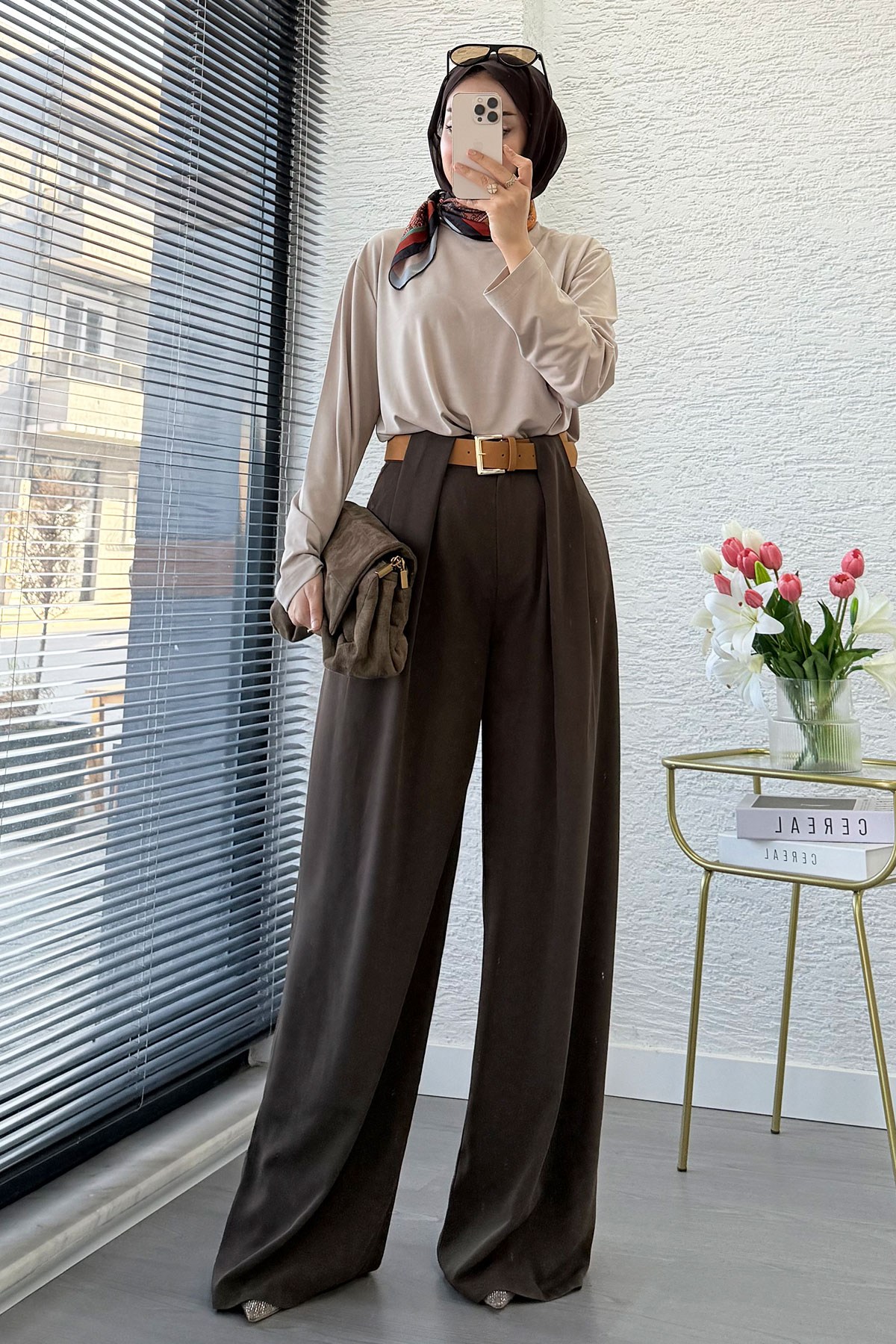 Premium Köprü Detaylı Kemerli Twill Palazzo Pantolon - Kahverengi