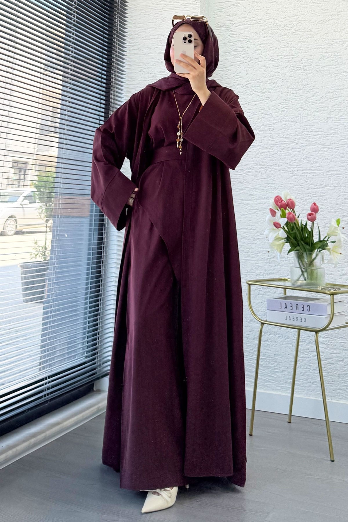 Premium Miena Keten Üçlü Abaya Takım - Bordo