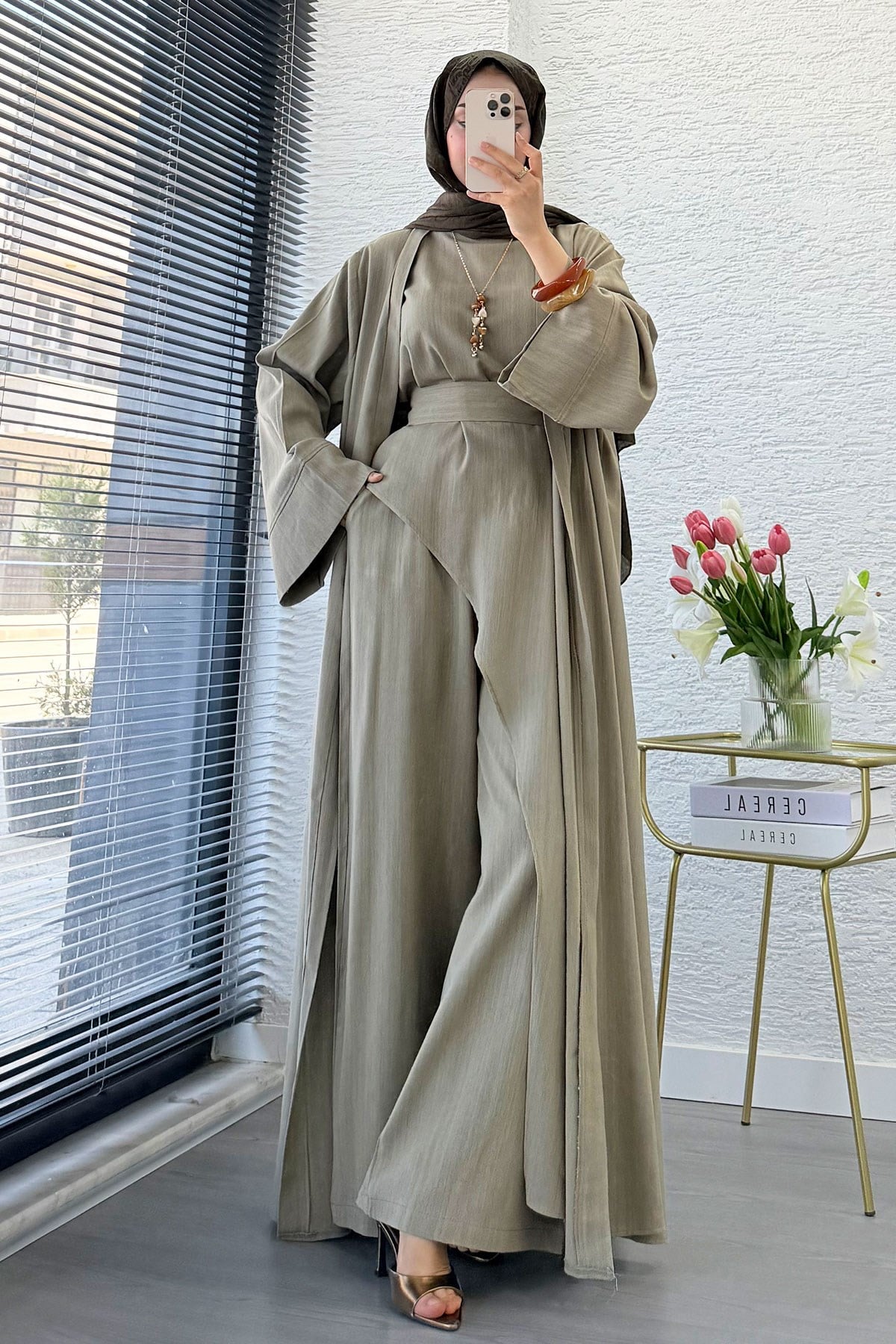 Premium Miena Keten Üçlü Abaya Takım - Haki