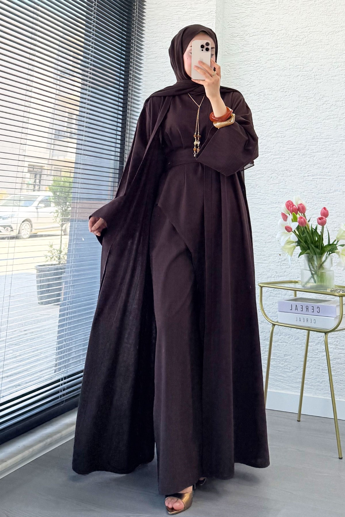 Premium Miena Keten Üçlü Abaya Takım - Kahverengi