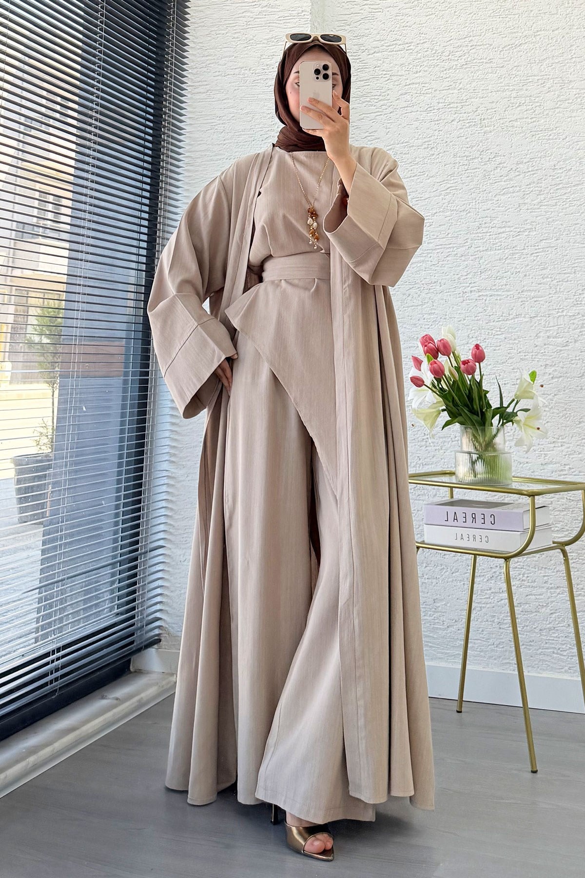 Premium Miena Keten Üçlü Abaya Takım - Vizon