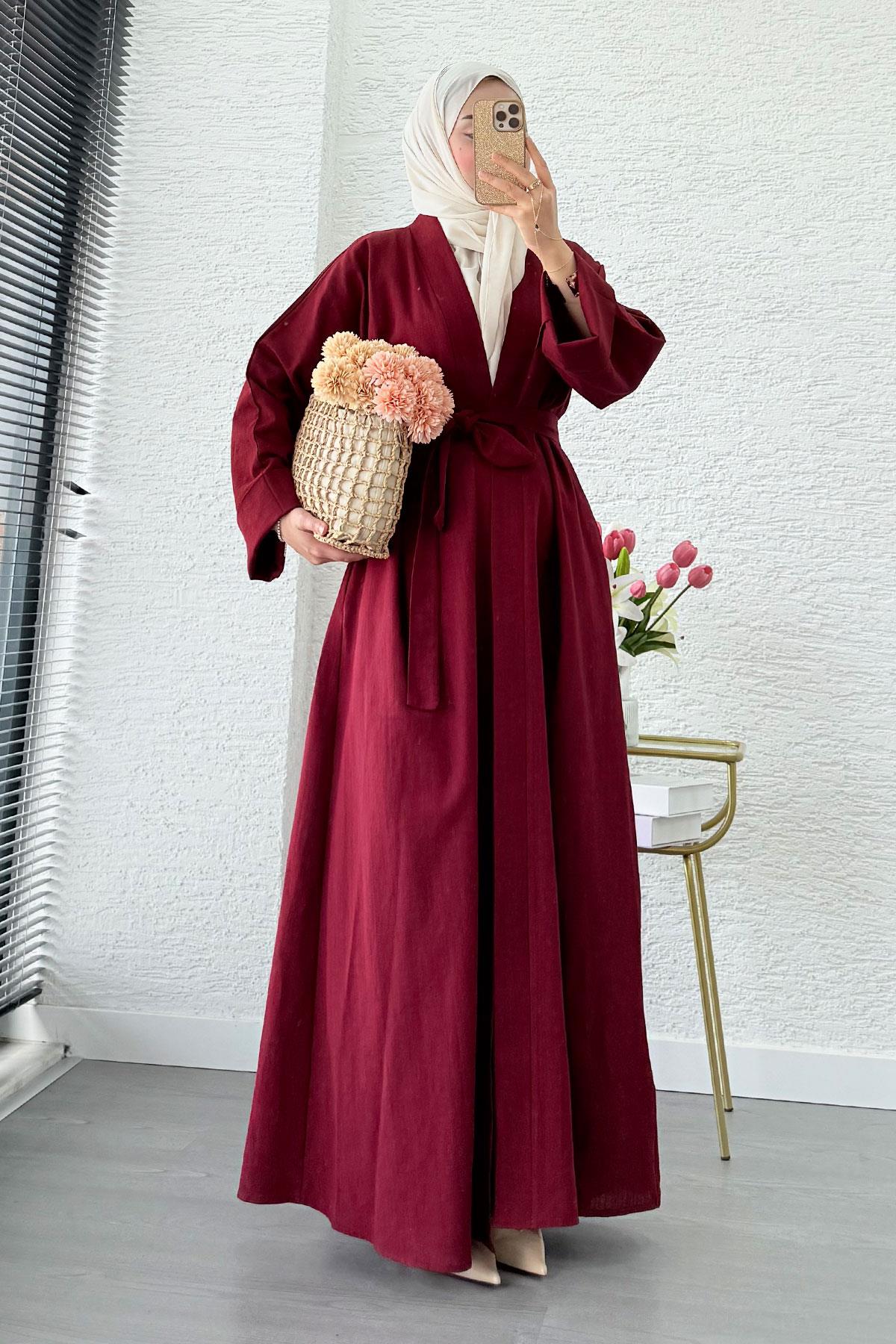 Premium Natural Aysha Keten Abaya Takım – Bordo