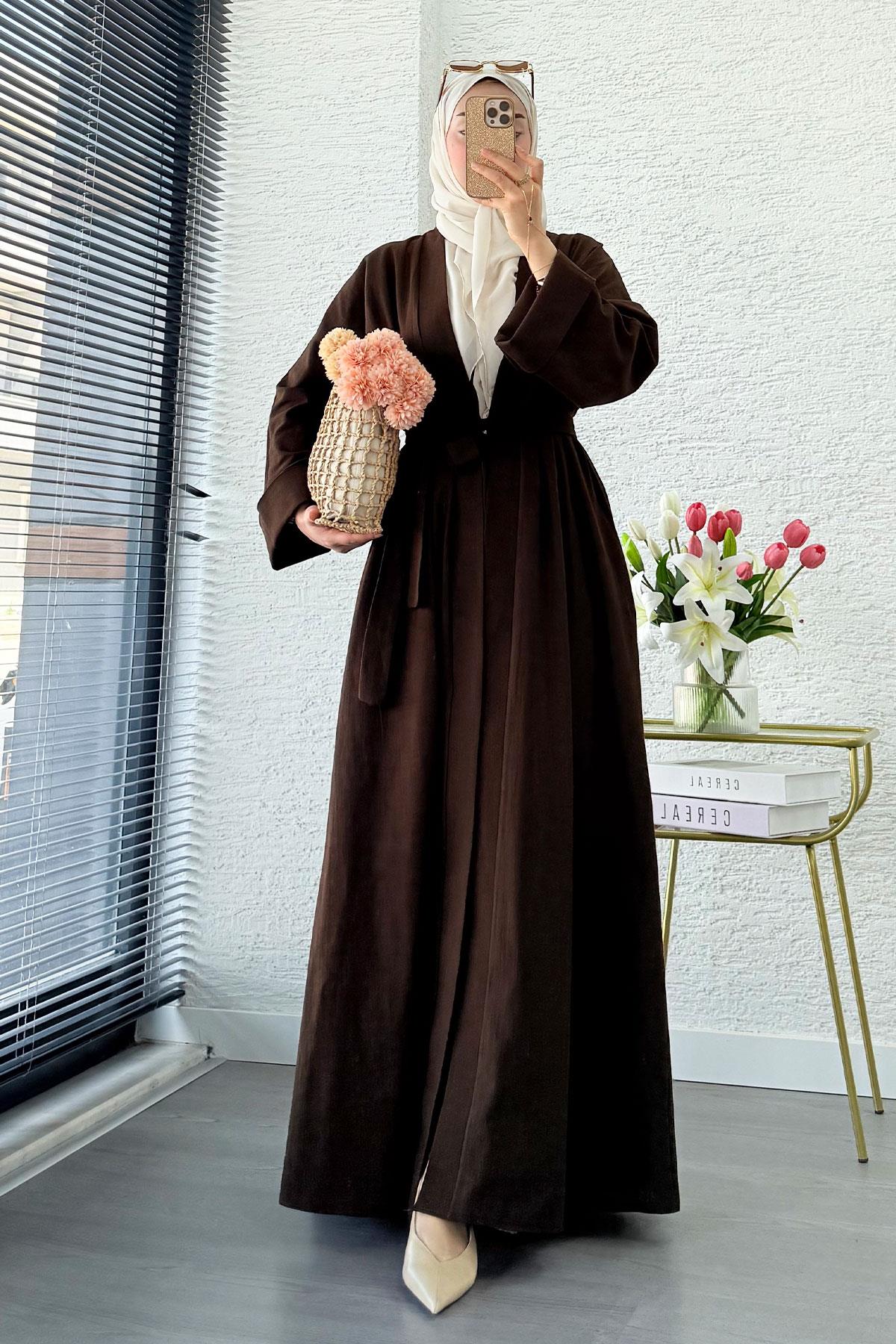 Premium Natural Aysha Keten Abaya Takım – Kahverengi