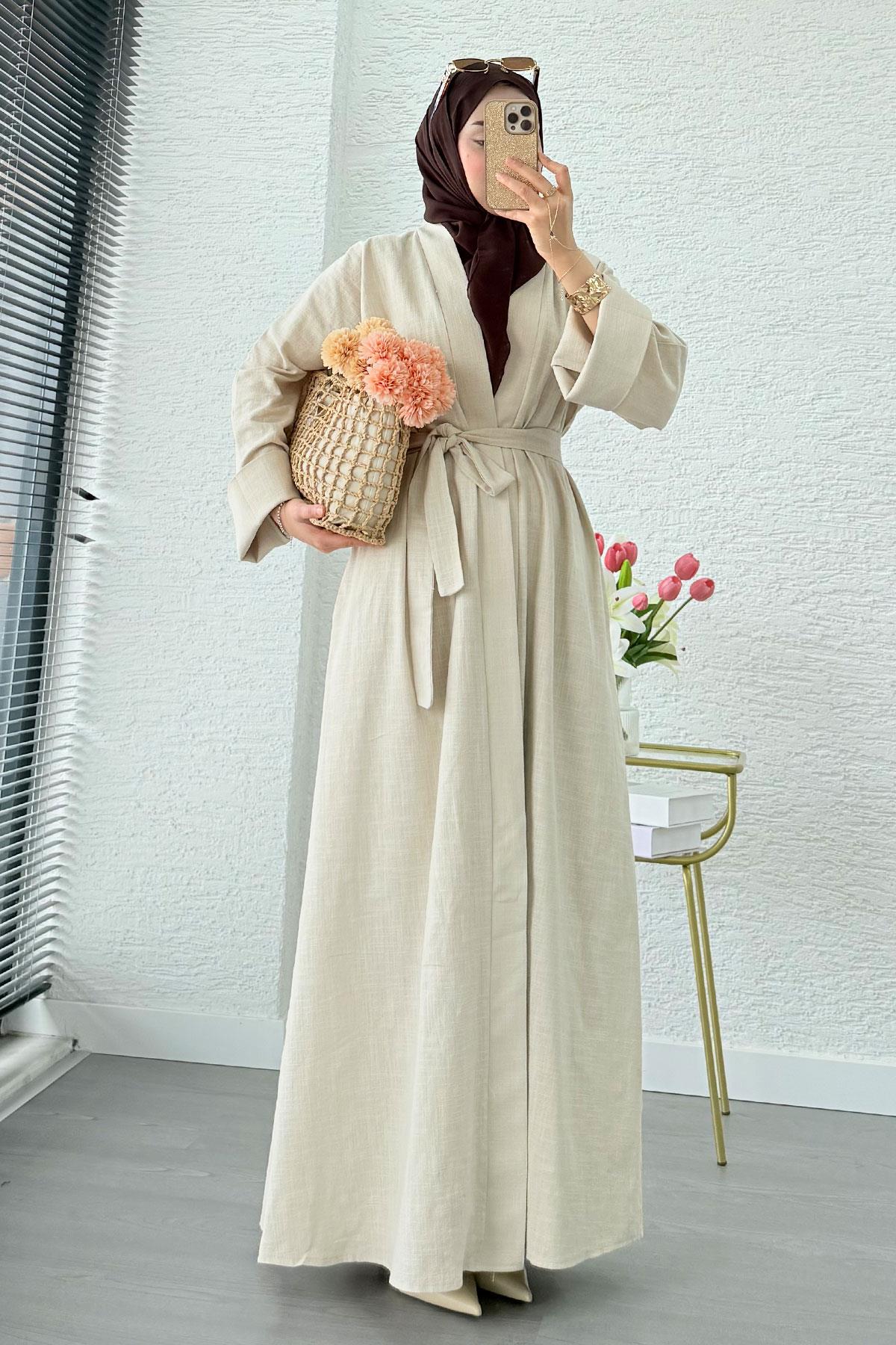 Premium Natural Aysha Keten Abaya Takım – Bej