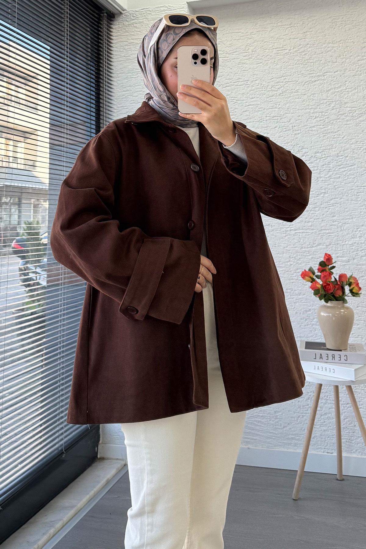 Premium Önü Düğmeli Oversize Gabardin Kaban – Kahverengi