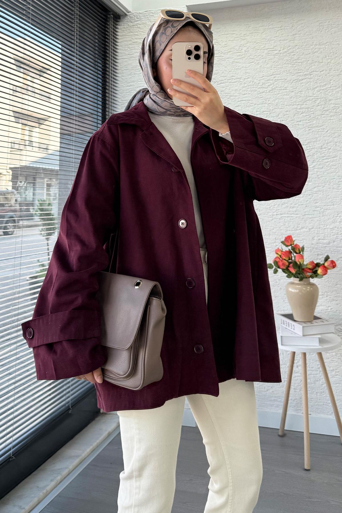 Premium Önü Düğmeli Oversize Gabardin Kaban – Bordo
