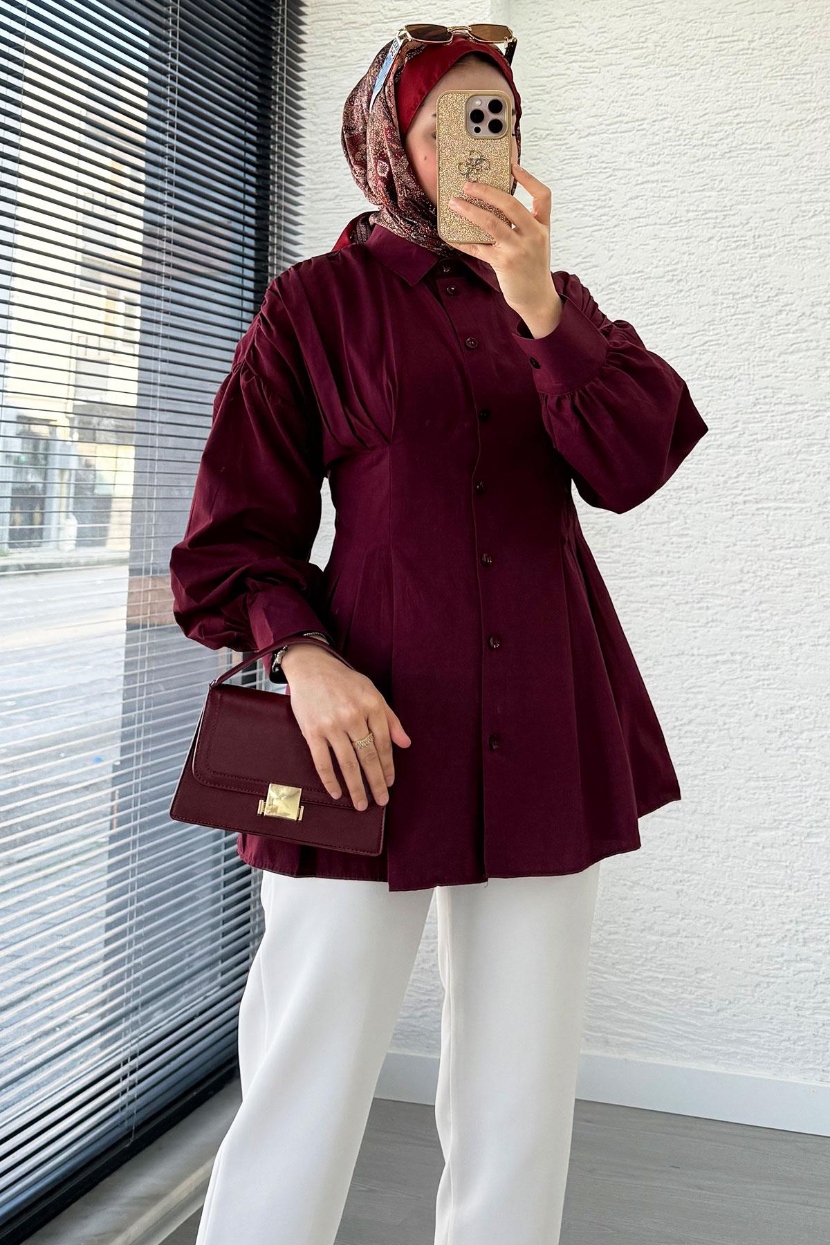 Premium Önü ve Arkası Pens Detaylı Poplin Gömlek Tunik — Bordo