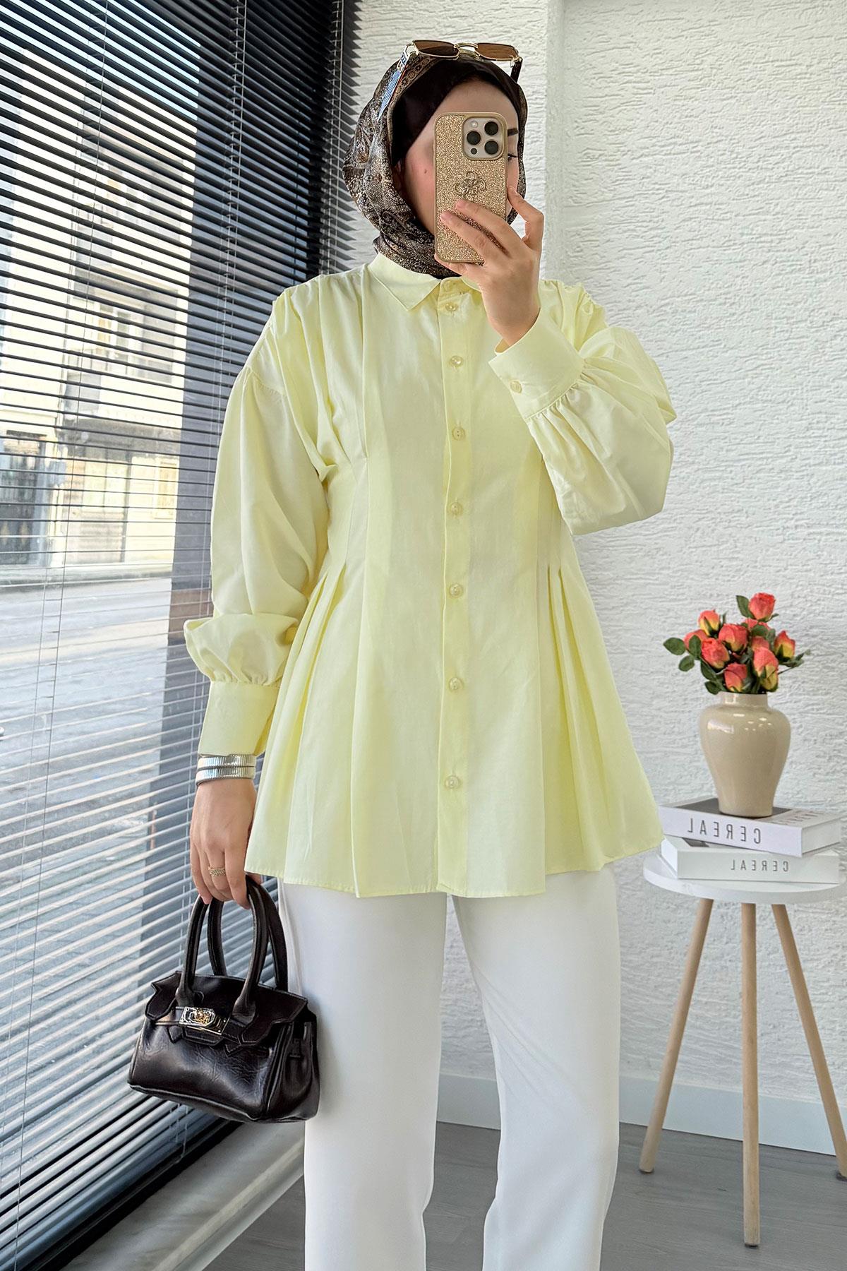 Premium Önü ve Arkası Pens Detaylı Poplin Gömlek Tunik — Sarı