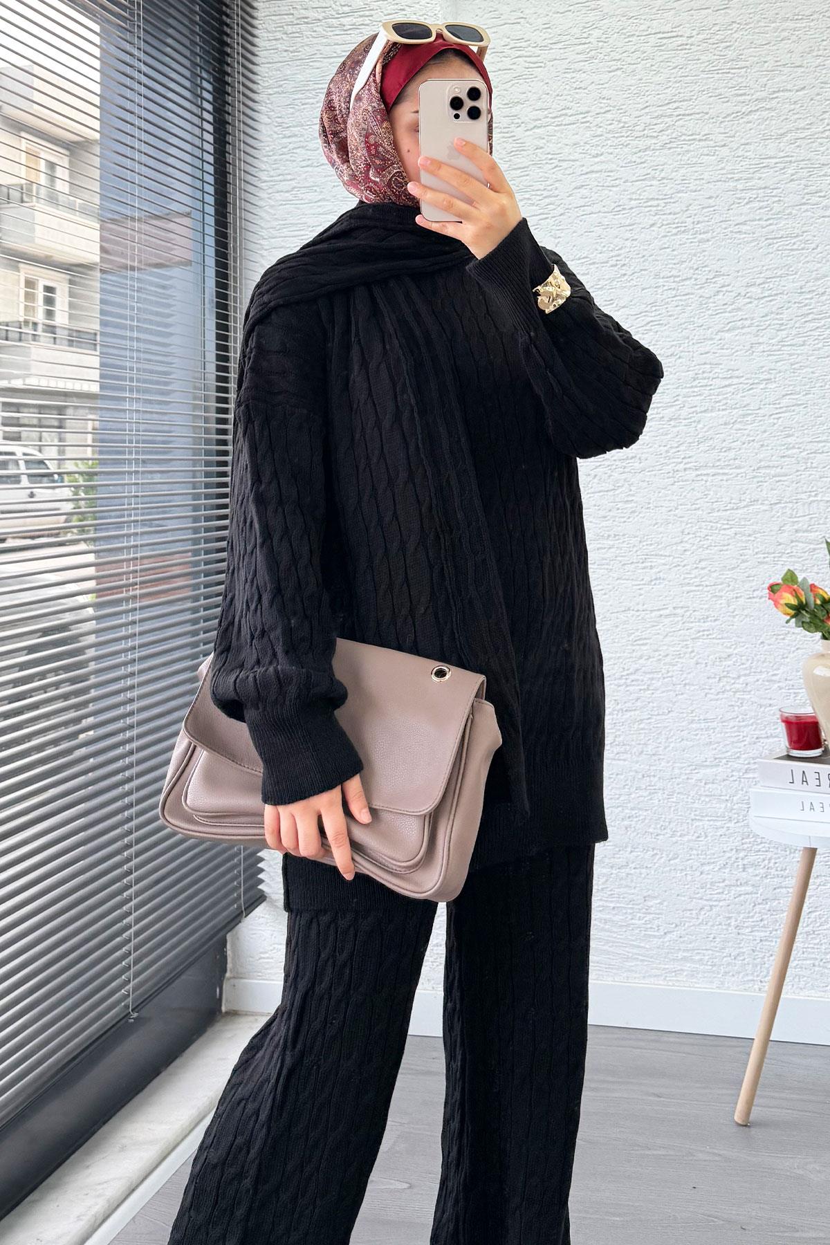 Premium Örgü Desen Atkı Detaylı Kadın Triko Takım – Siyah