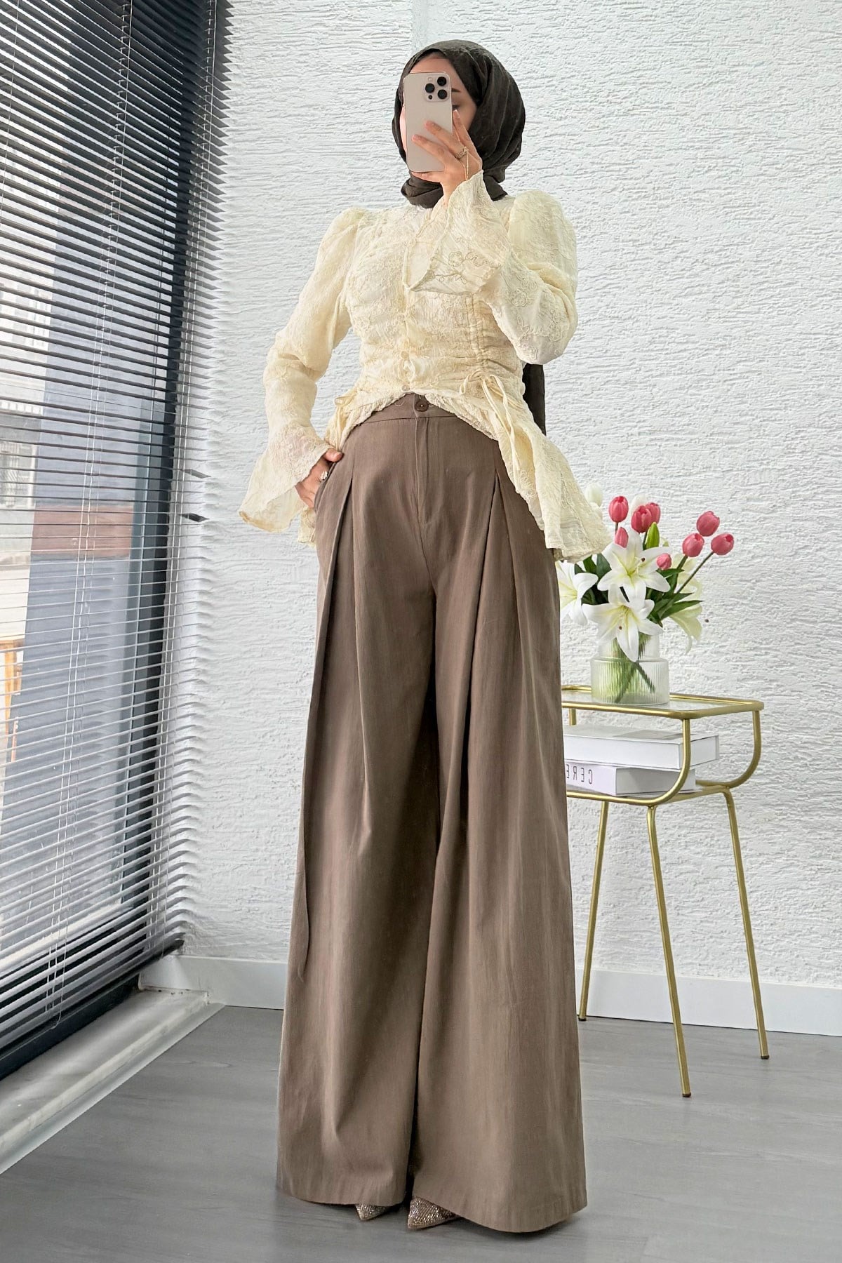 Premium Örgü Kemerli Palazzo Keten Pantolon - Haki
