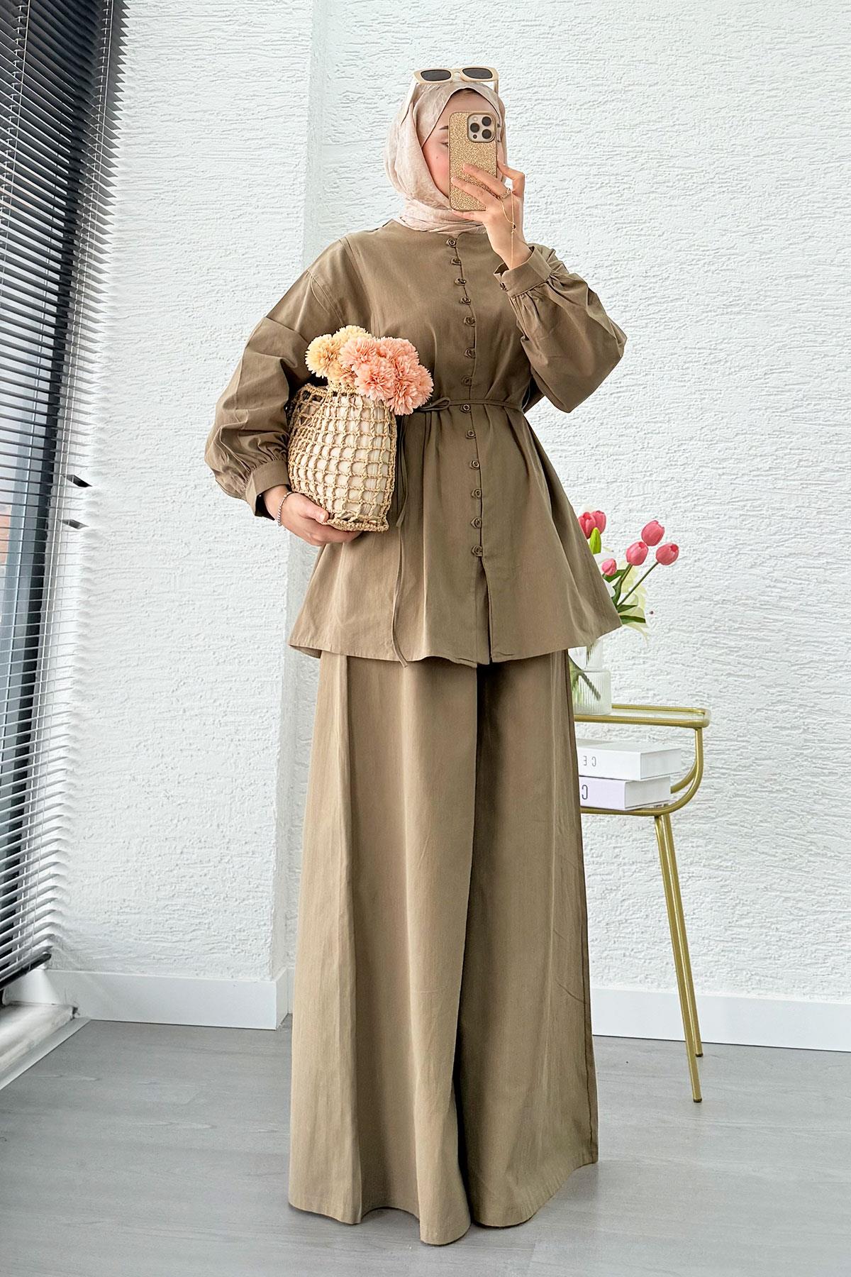 Premium Oversize Birit Düğmeli Keten Takım - Haki 
