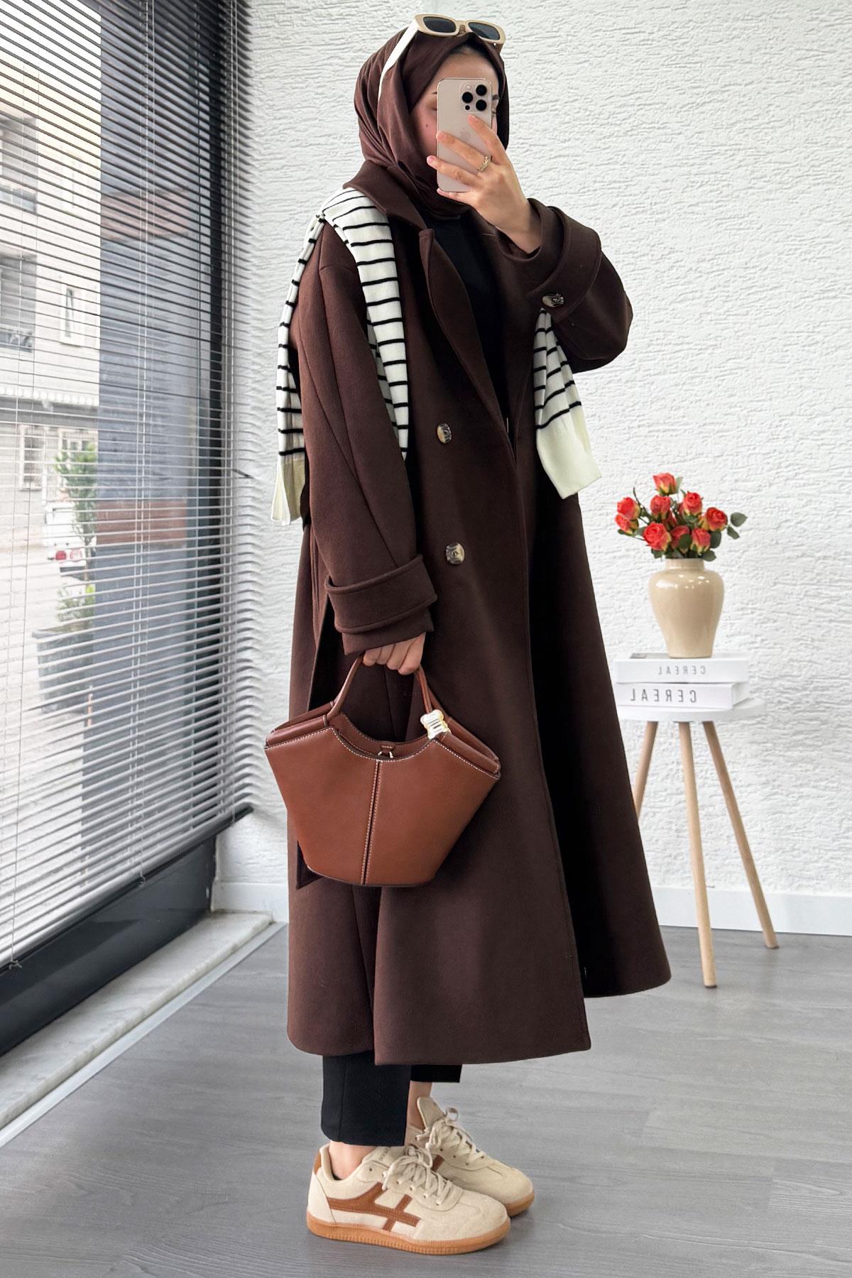 Premium Oversize Dört Düğmeli Kaşe Kaban – Acı Kahve