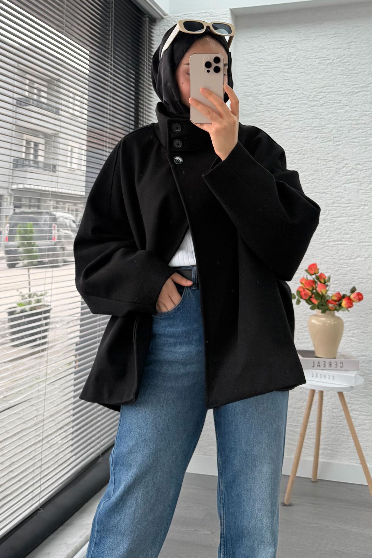 Premium Oversize Kaşe Panço Kaban - Siyah