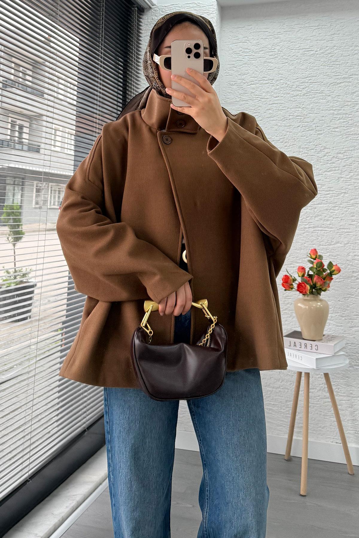 Premium Oversize Kaşe Panço Kaban - Taba