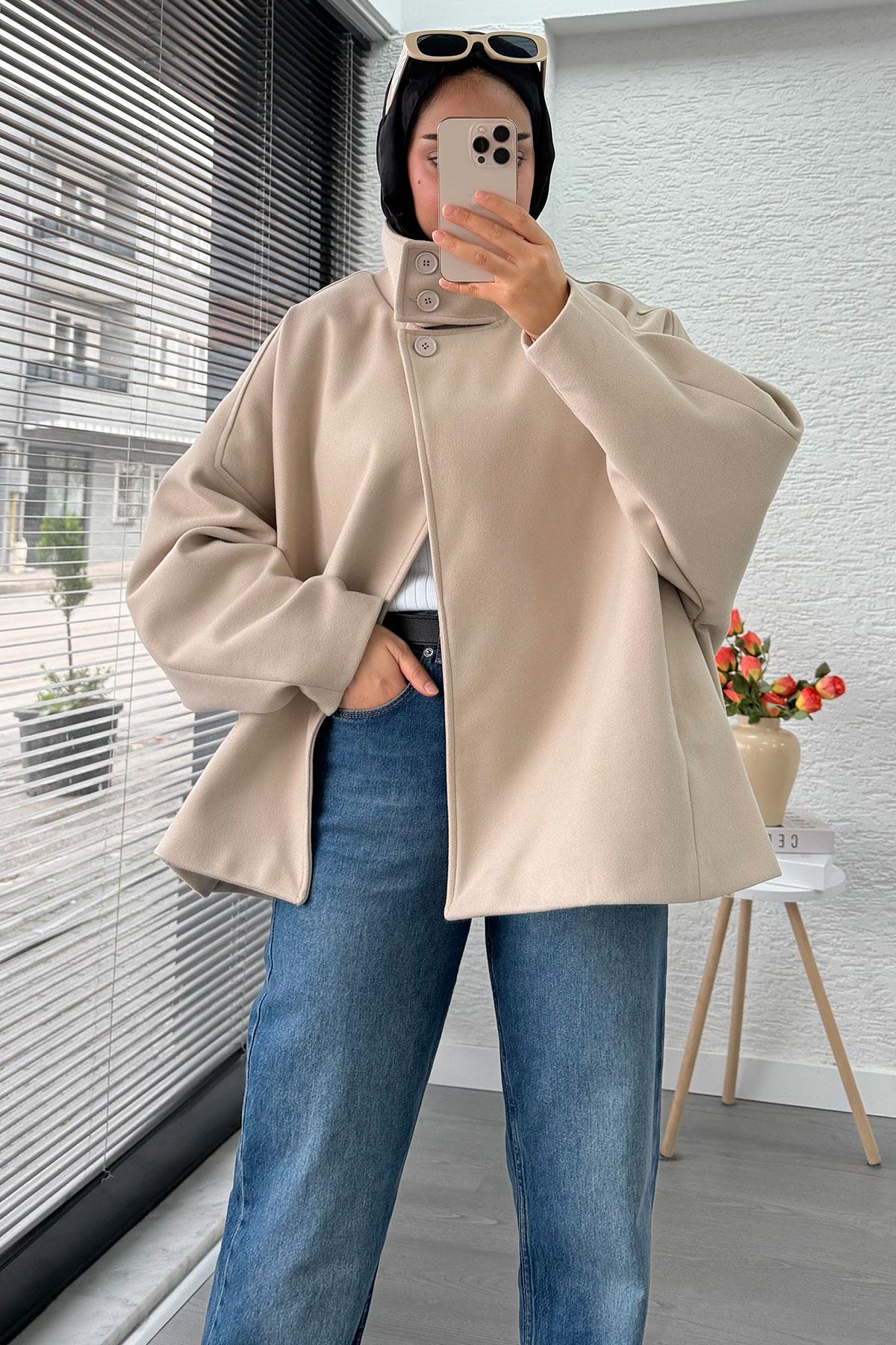 Premium Oversize Kaşe Panço Kaban - Taş