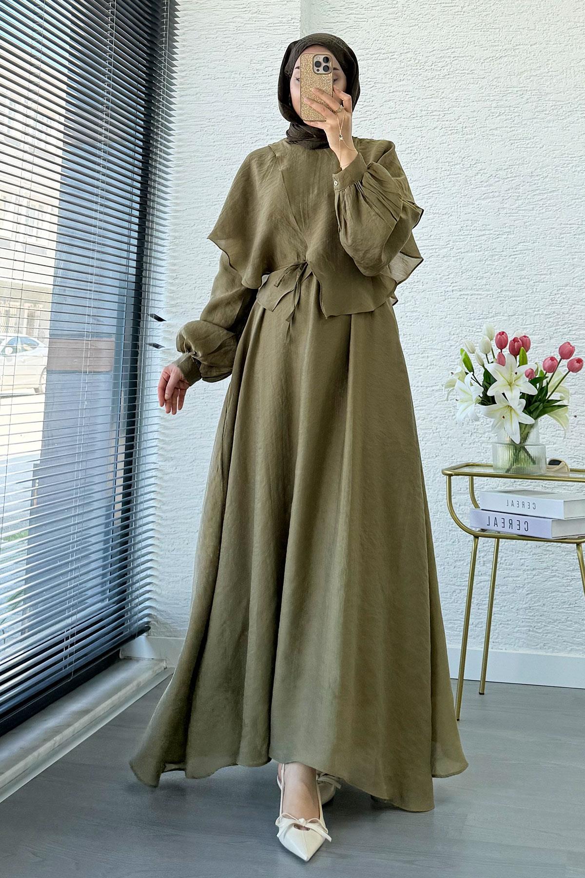 Premium Pelerin Detay Elina Vual Elbise – Haki