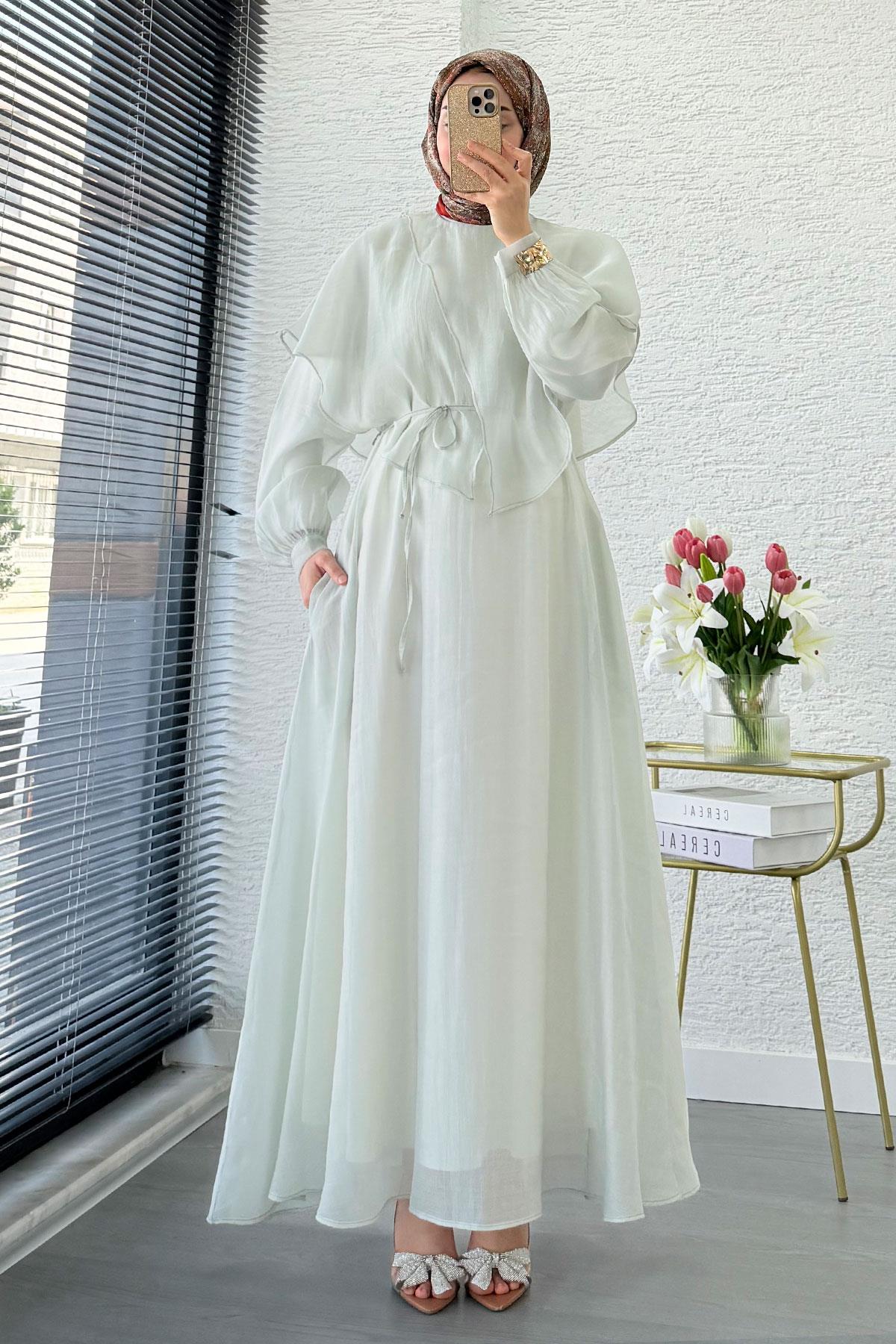 Premium Pelerin Detay Elina Vual Elbise – Mint