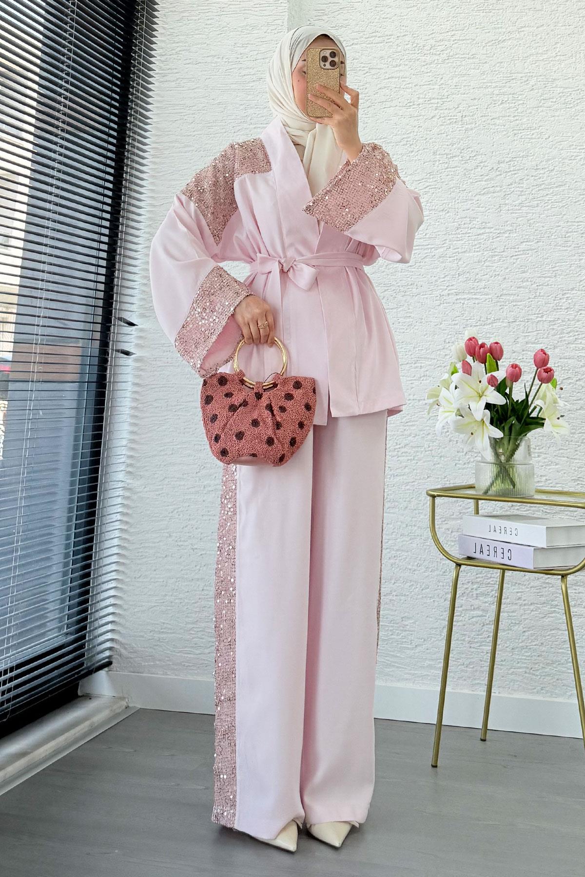 Premium Pul Detaylı Kimono İkili Takım – Pembe