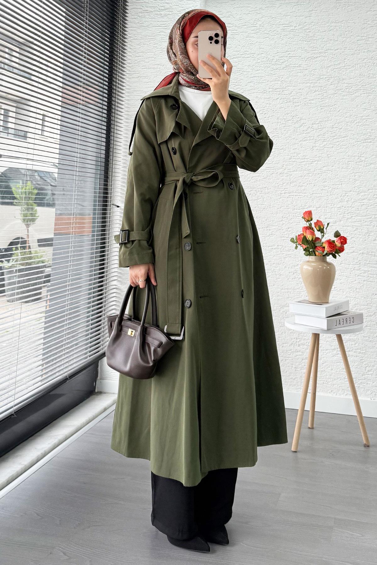 Premium Sekiz Düğmeli Oversize Kadın Trençkot - Haki
