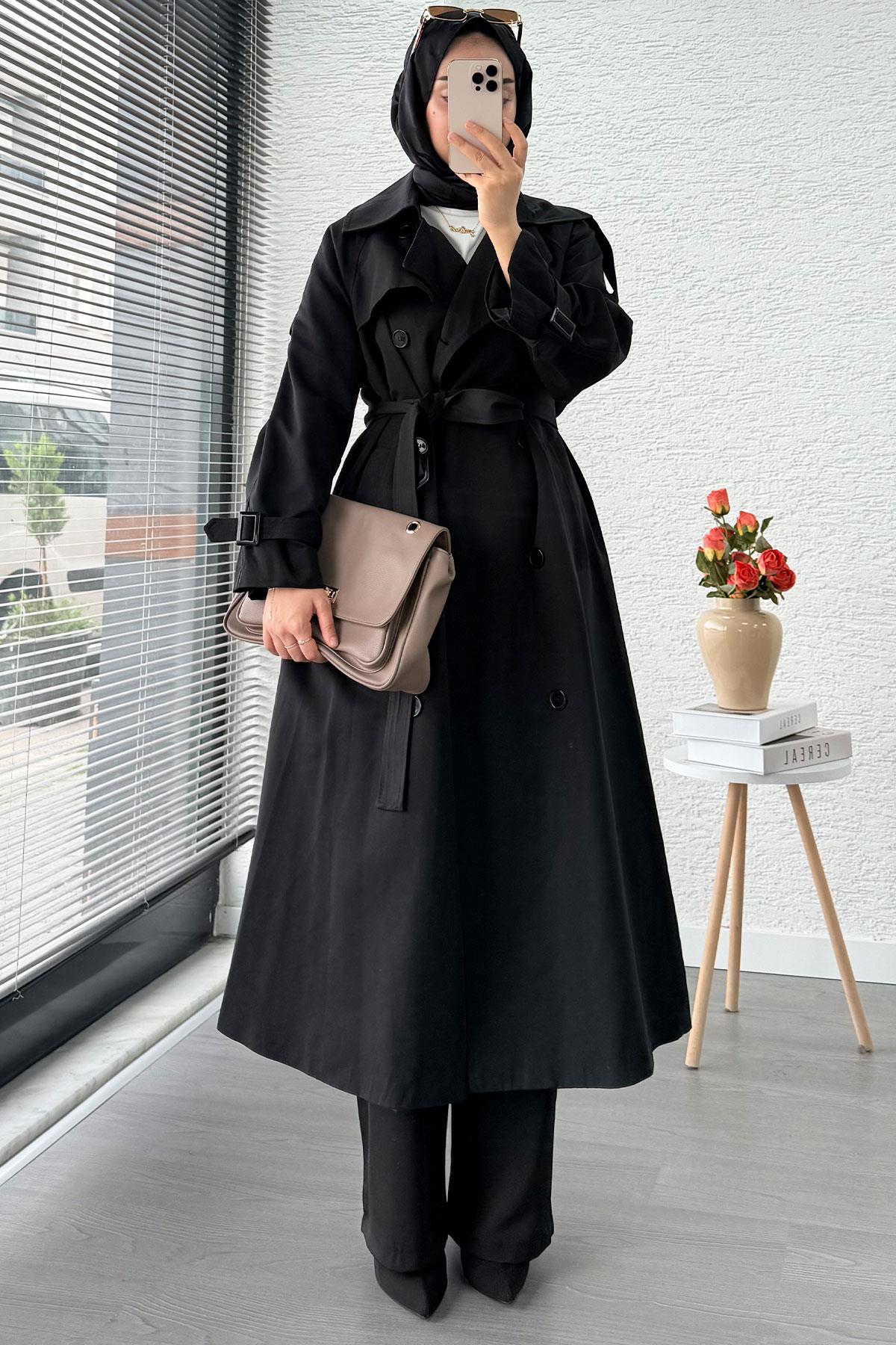 Premium Sekiz Düğmeli Oversize Kadın Trençkot - Siyah