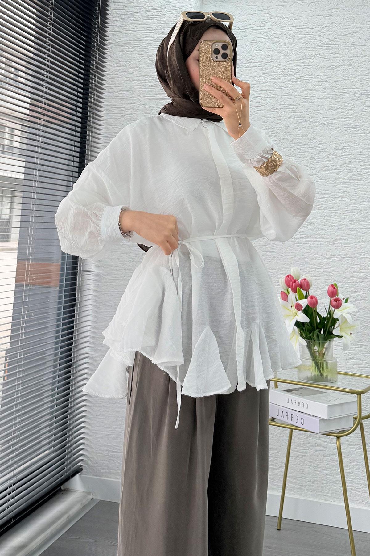 Premium Tasarım Etek Volanlı Vual Tunik - Beyaz
