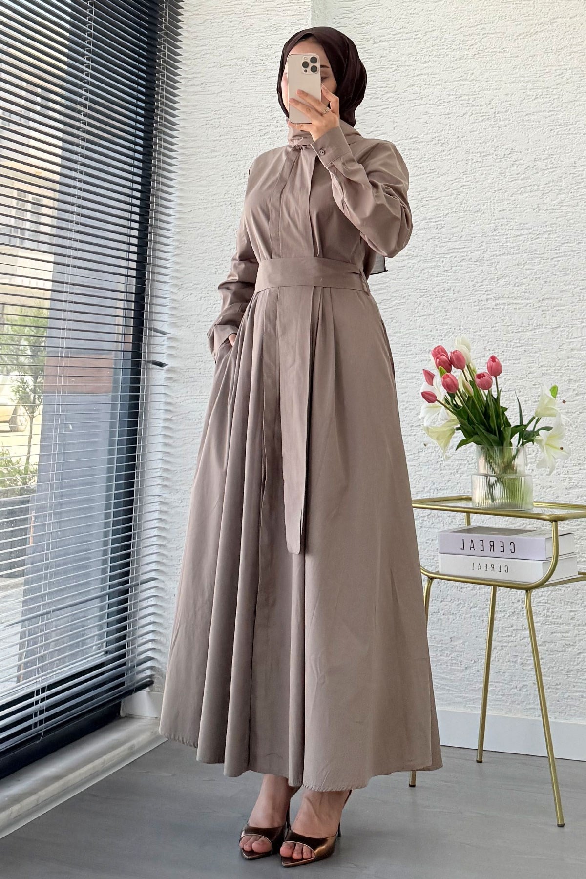 Premıum Tasarım Poplin Gömlek Elbise - Vizon