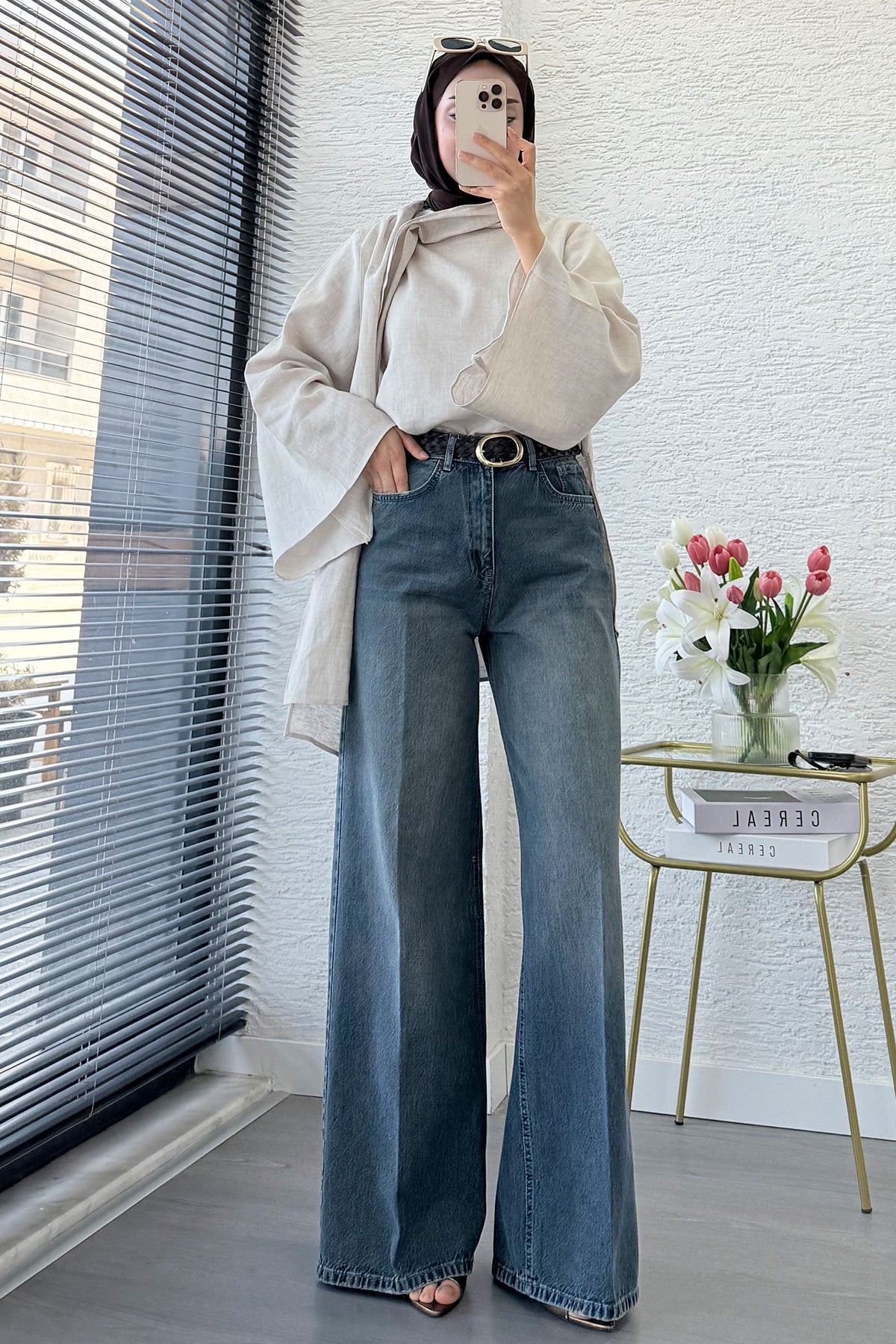 Premium Taşlanmış Palazzo Jean Pantolon - Yeşil