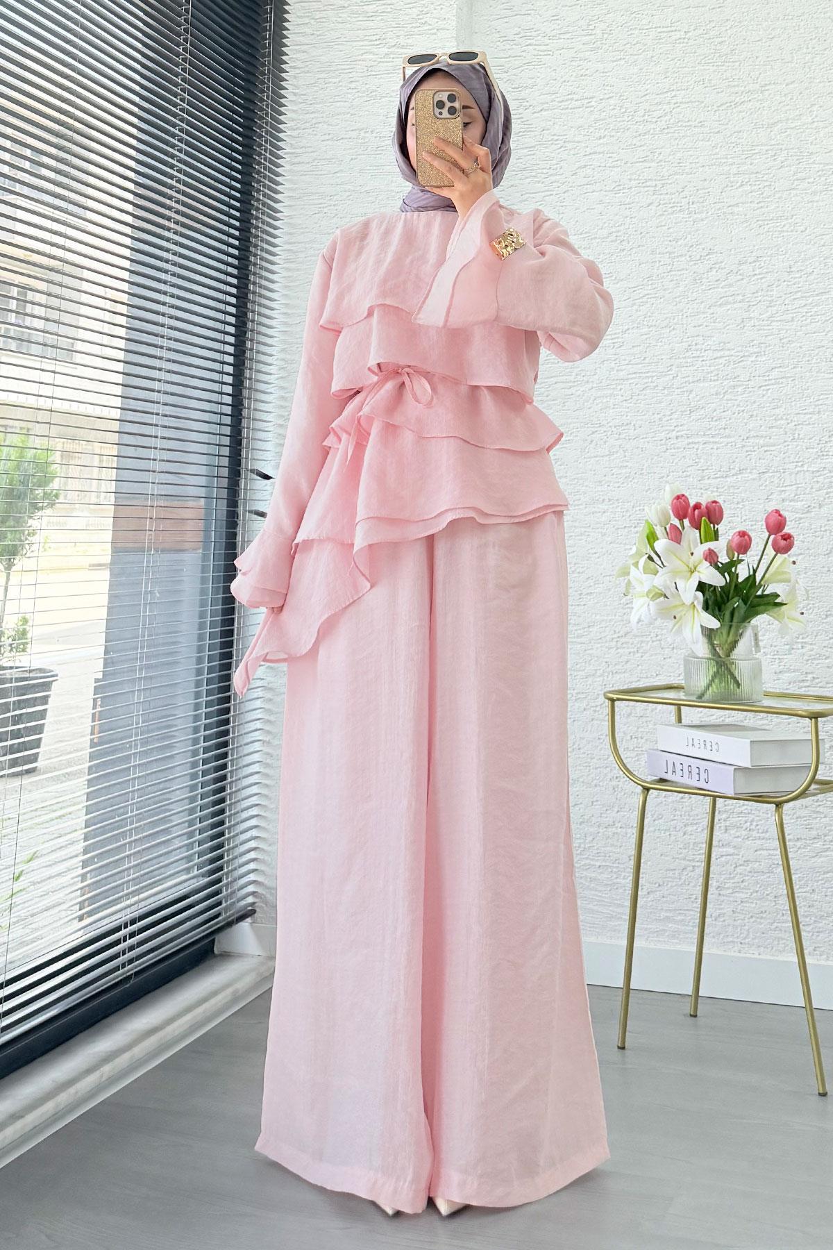 Premium Volan Katlı Vual İkili Takım – Pembe