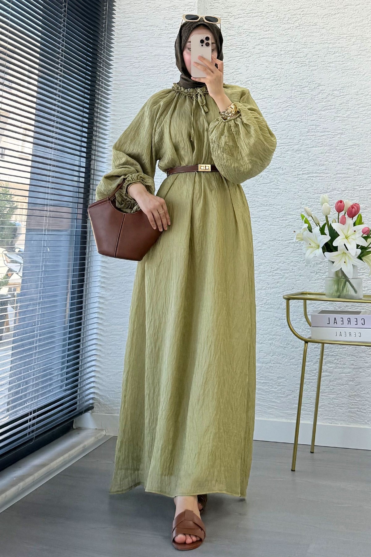 Premium Yaka Büzgülü Balon Kol Vual Elbise - Olive