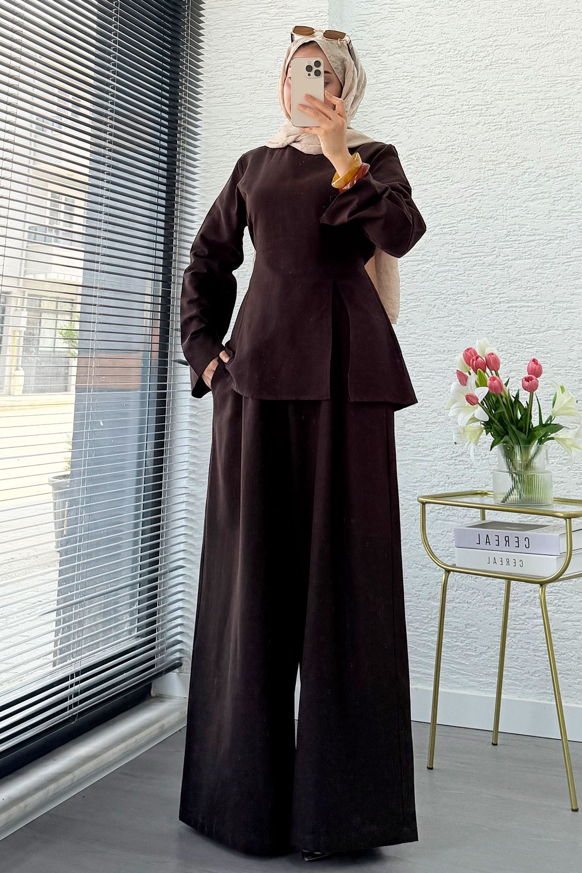Premium Yandan Yırtmaçlı Arkadan Bağlamalı Keten Pantolon Takım - Kahverengi