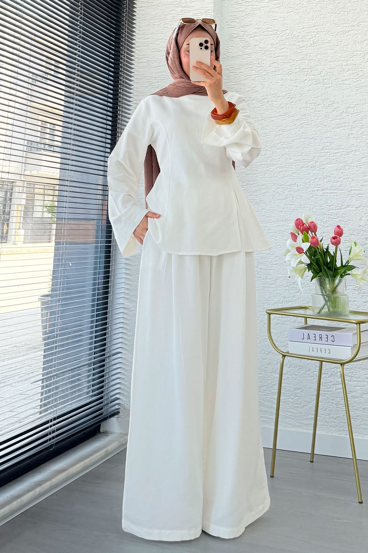 Premium Yandan Yırtmaçlı Arkadan Bağlamalı Keten Pantolon Takım - Beyaz