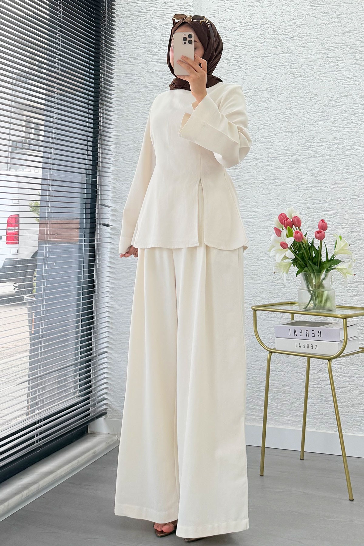 Premium Yandan Yırtmaçlı Arkadan Bağlamalı Keten Pantolon Takım - Naturel