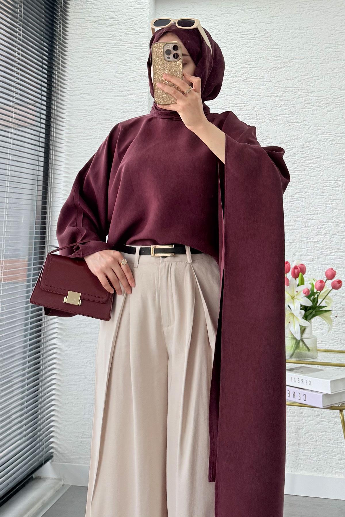 Premium Yarasa Kol Asimetrik Modal Bluz – Bordo