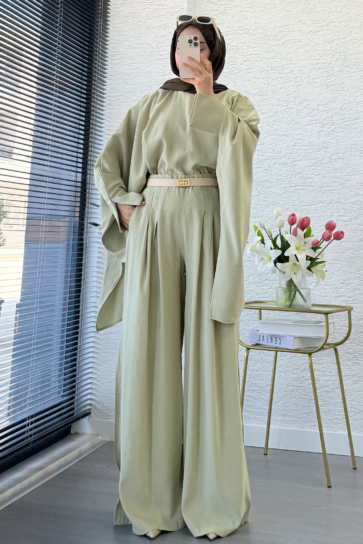 Premium Yarasa Kol Modal Pantolon Takım - Çağla Yeşili