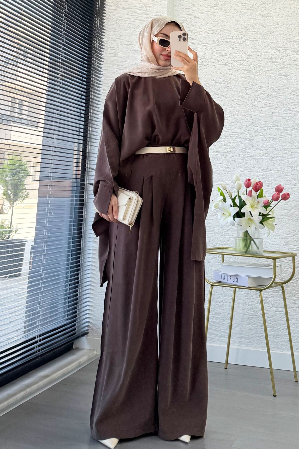 Premium Yarasa Kol Modal Pantolon Takım - Kahverengi