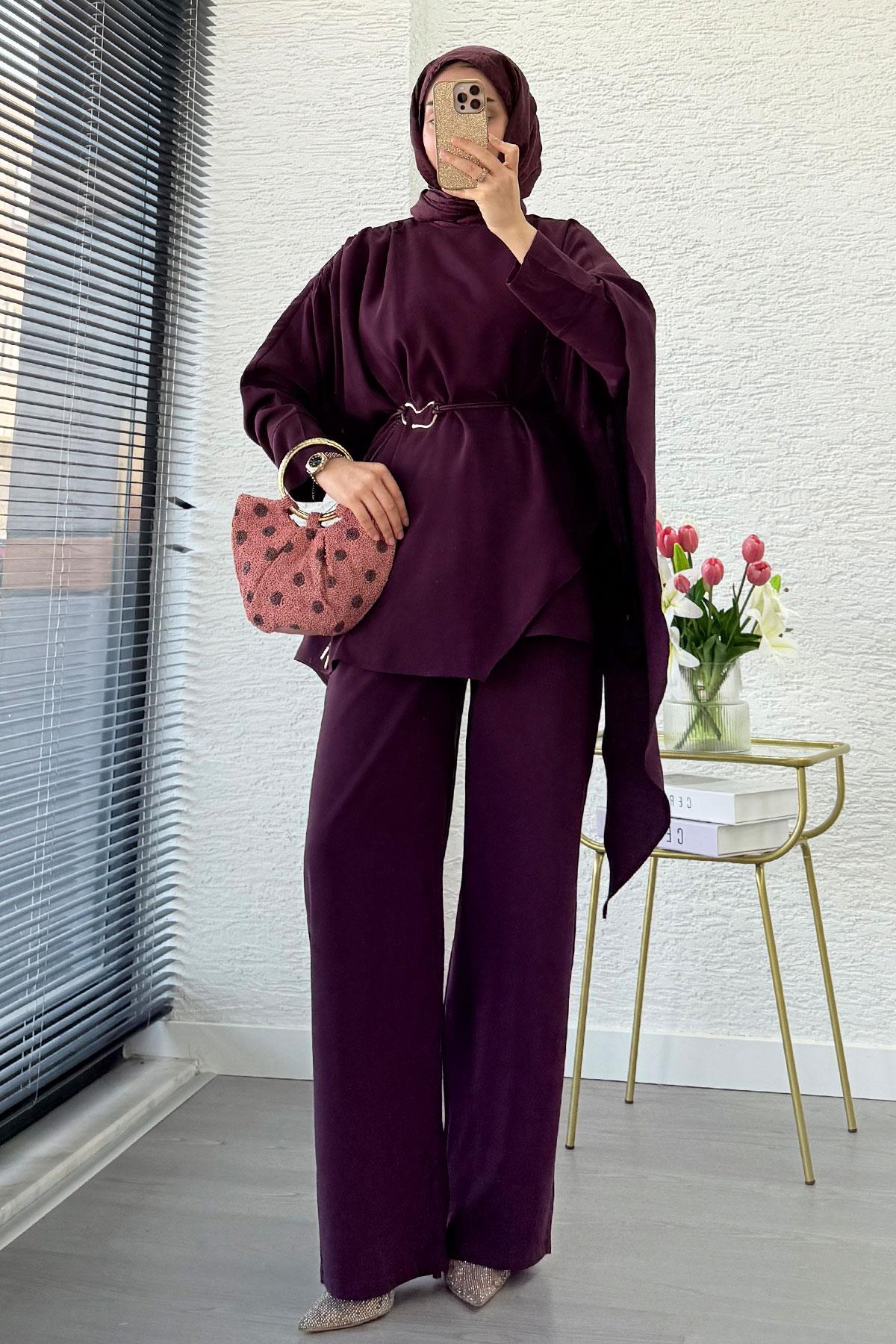 Premium Yarasa Kol Pelerinli İkili Takım – Mürdüm