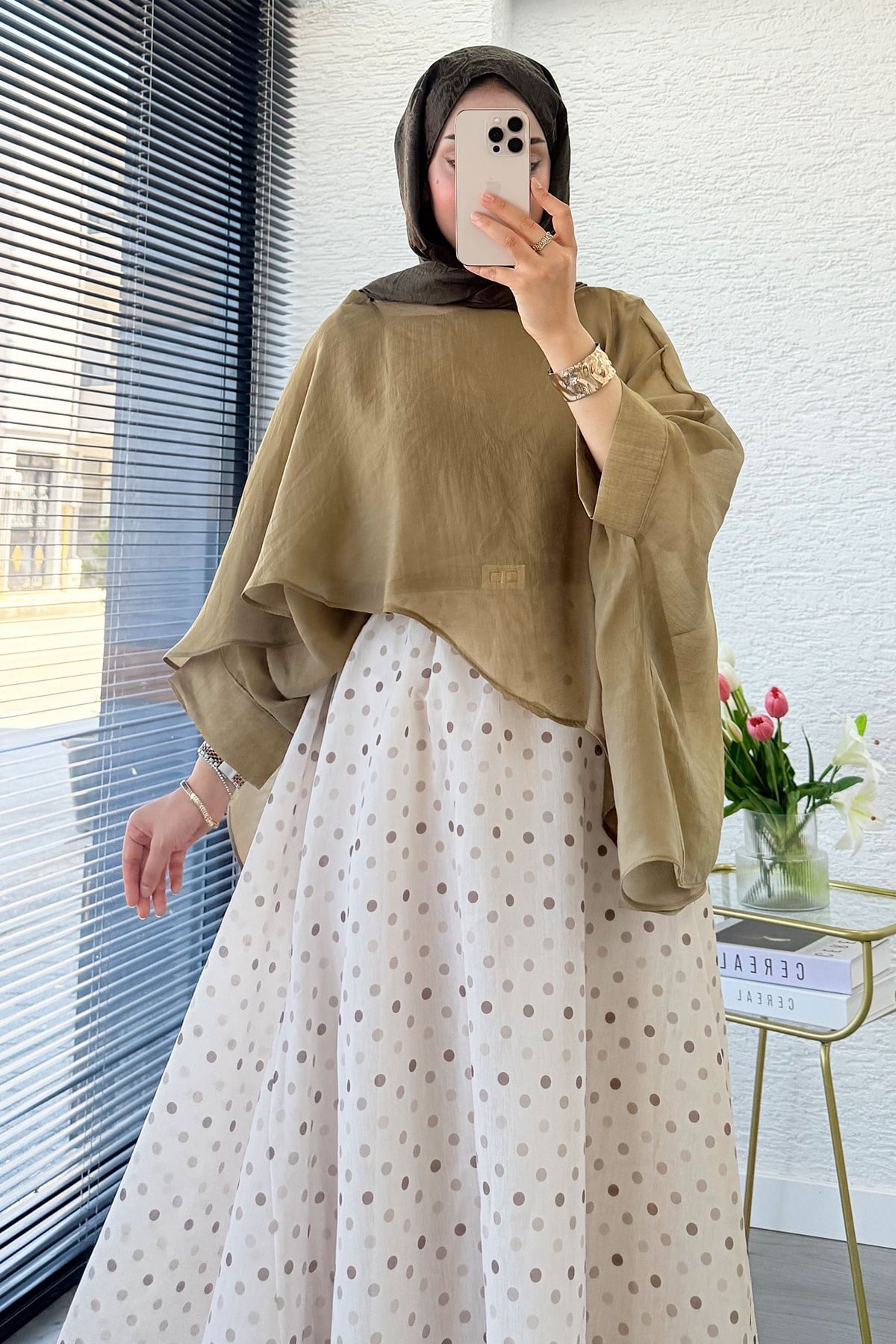 Premium Yarasa Kol Şal Yaka Vual Bluz - Olive