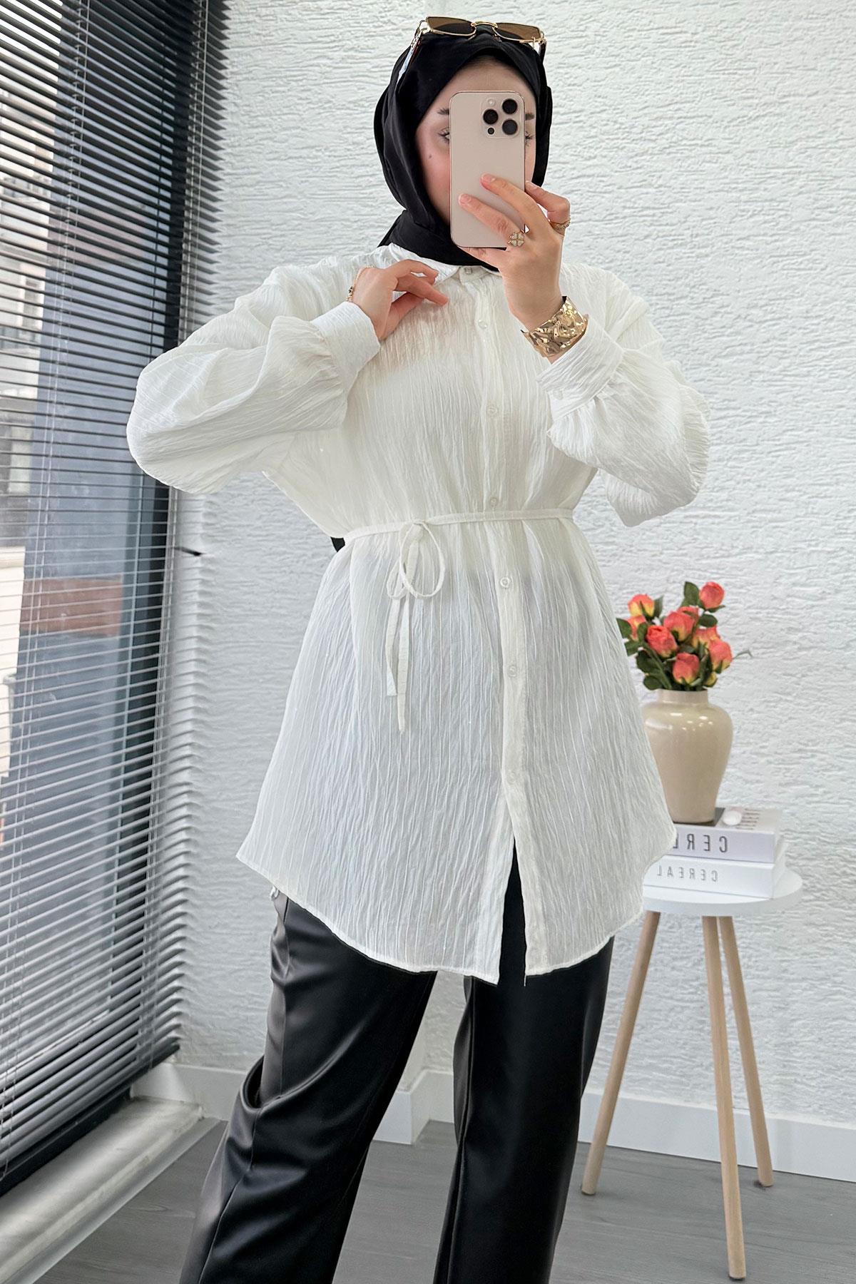 Pul Detaylı Kemerli Kadın Gömlek Tunik – Beyaz