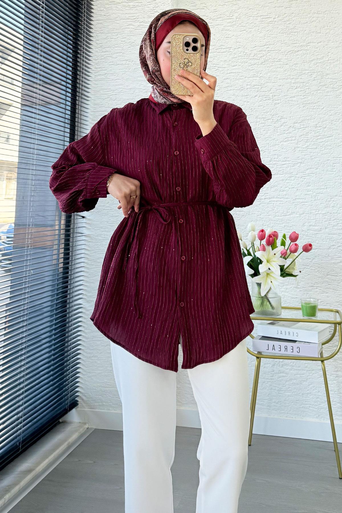Pul Detaylı Kemerli Kadın Gömlek Tunik – Bordo