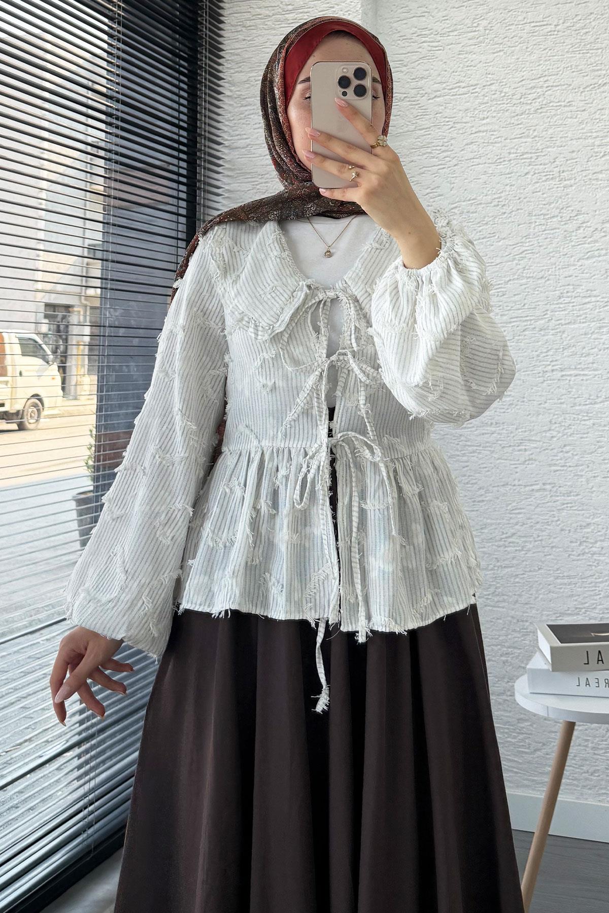 Püsküllü Çizgili Pamuk Kimono – Gri