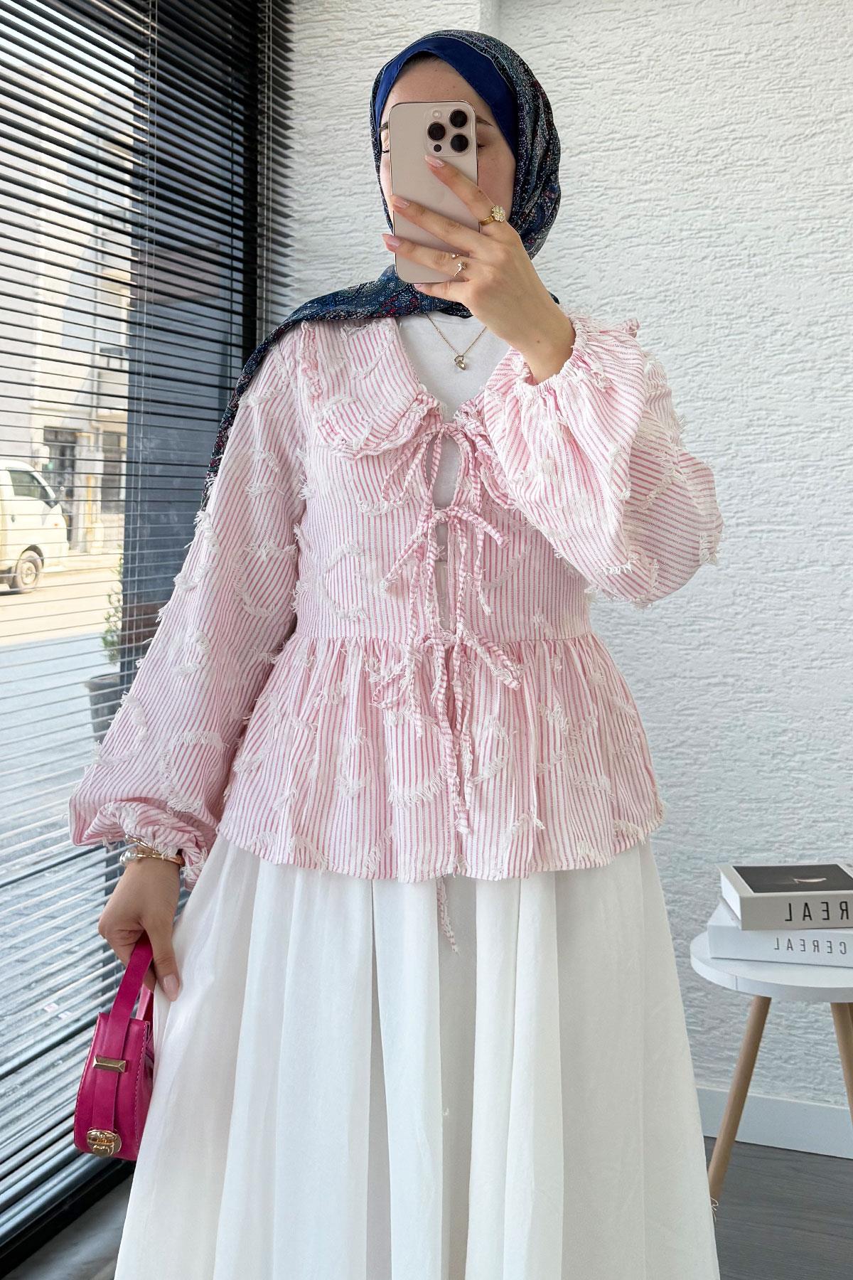 Püsküllü Çizgili Pamuk Kimono – Pembe