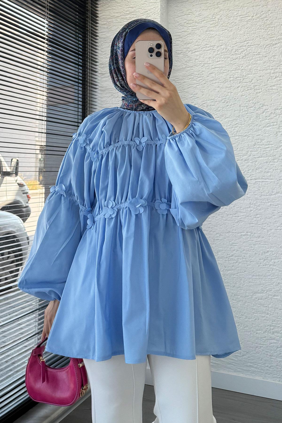 Reglan Çiçek Detaylı Poplin Tunik – Mavi