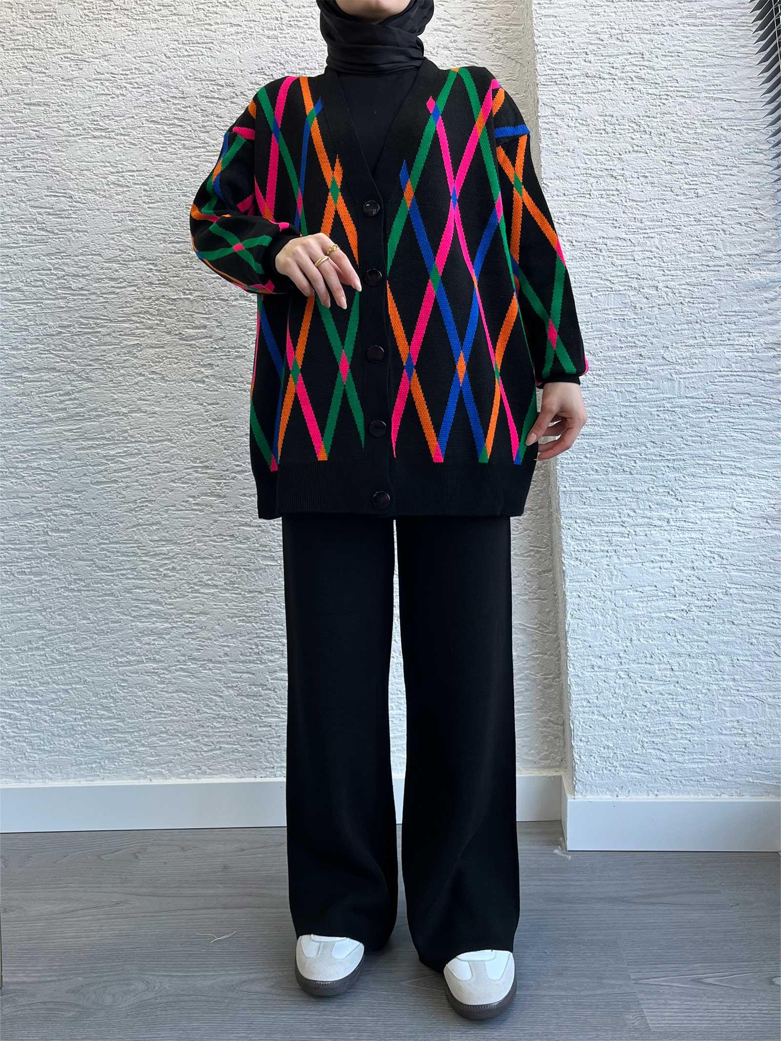 Renkli Desenli Oversize Kadın Triko Takım