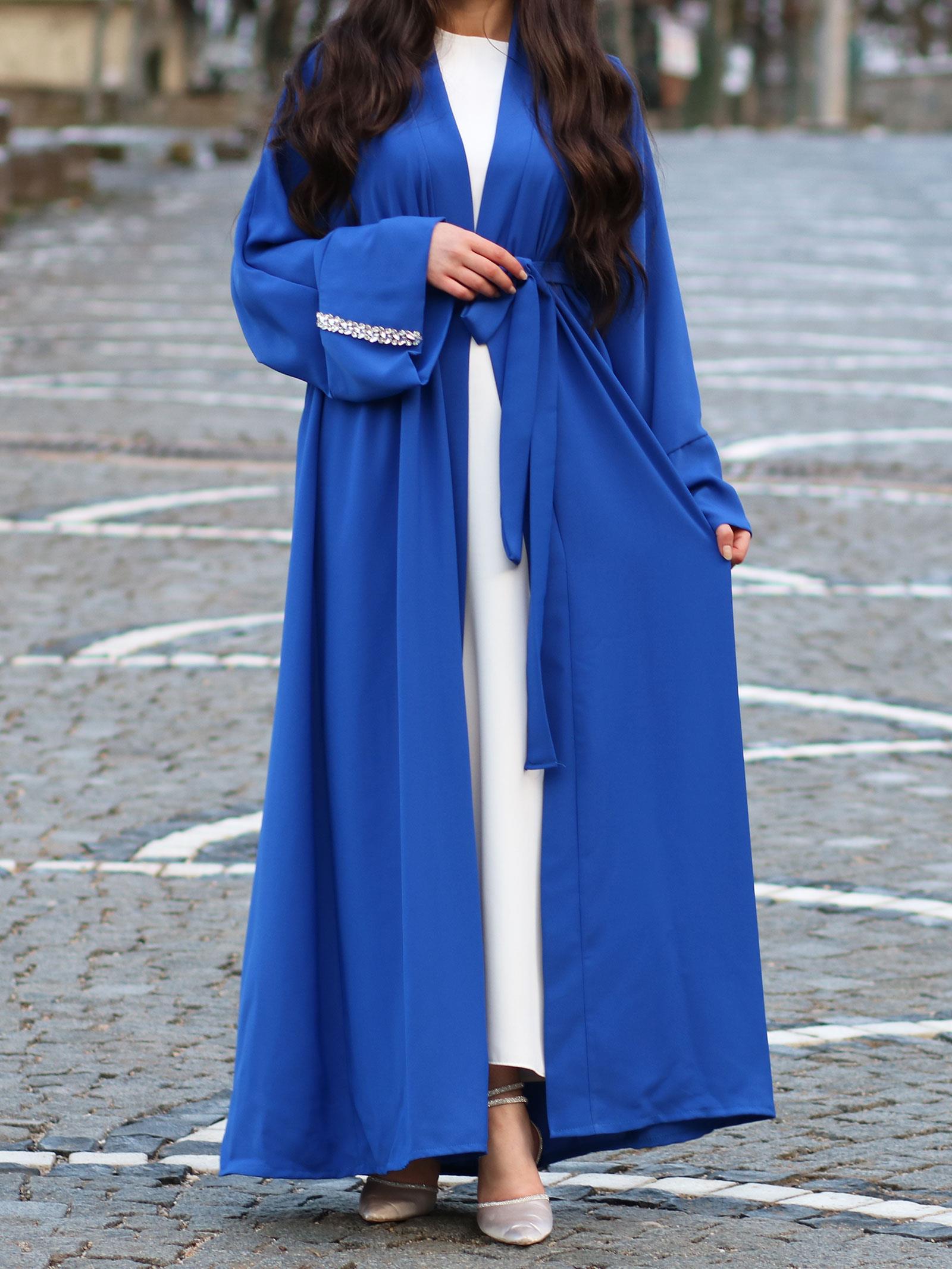 Saks Mavisi Kolu Taşlı Ala Abaya