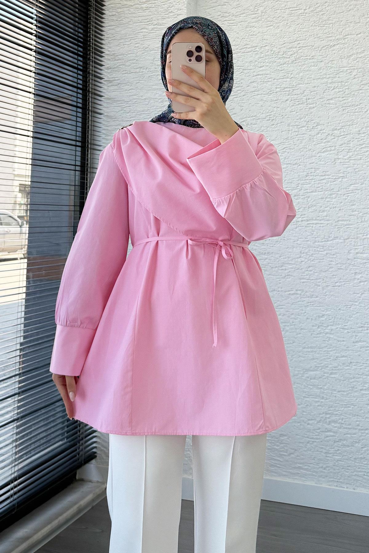 Şal Yaka Broş Detaylı Poplin Tunik – Pembe
