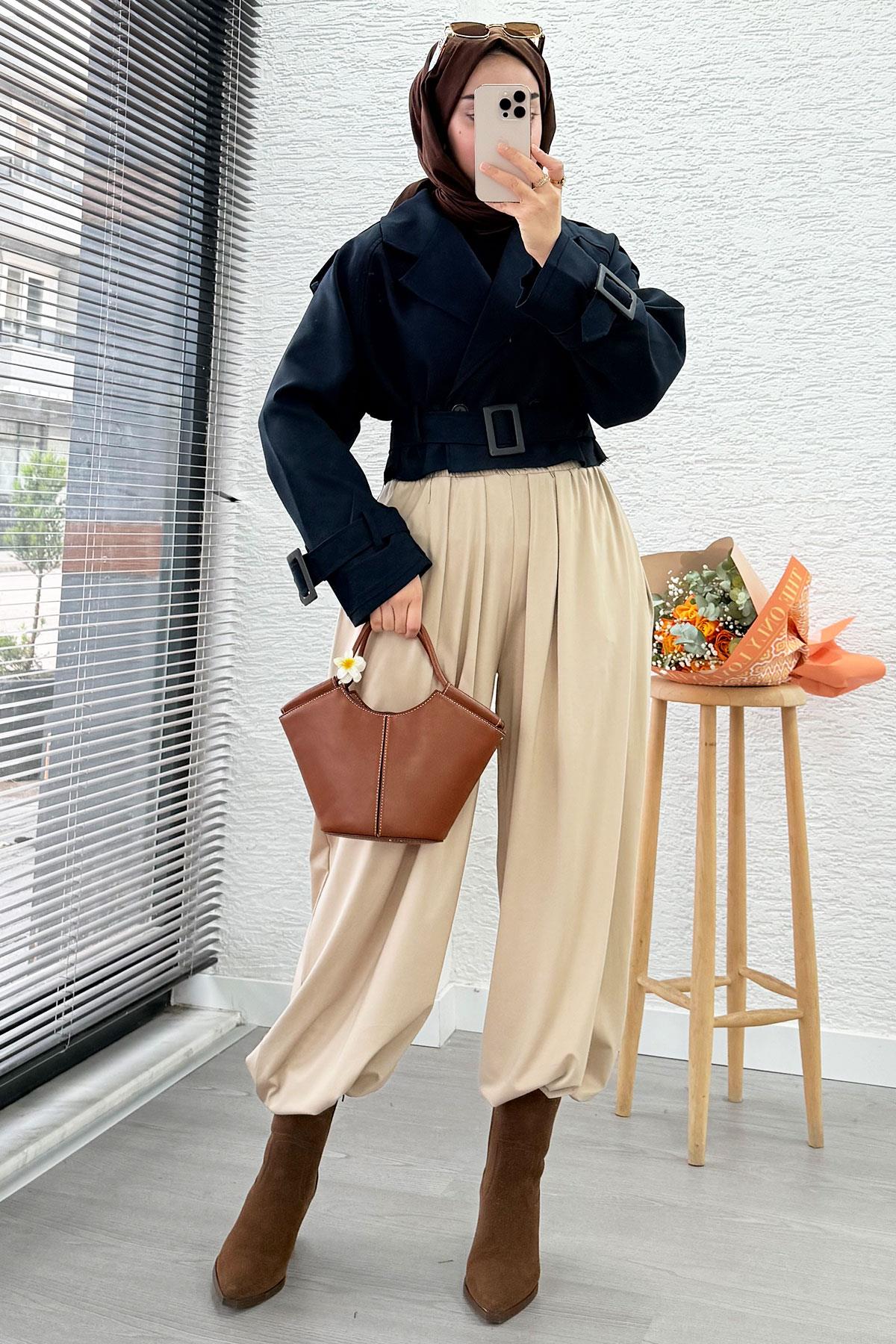 Şalvar Kesim Lastikli Bel Kadın Pantolon – Krem