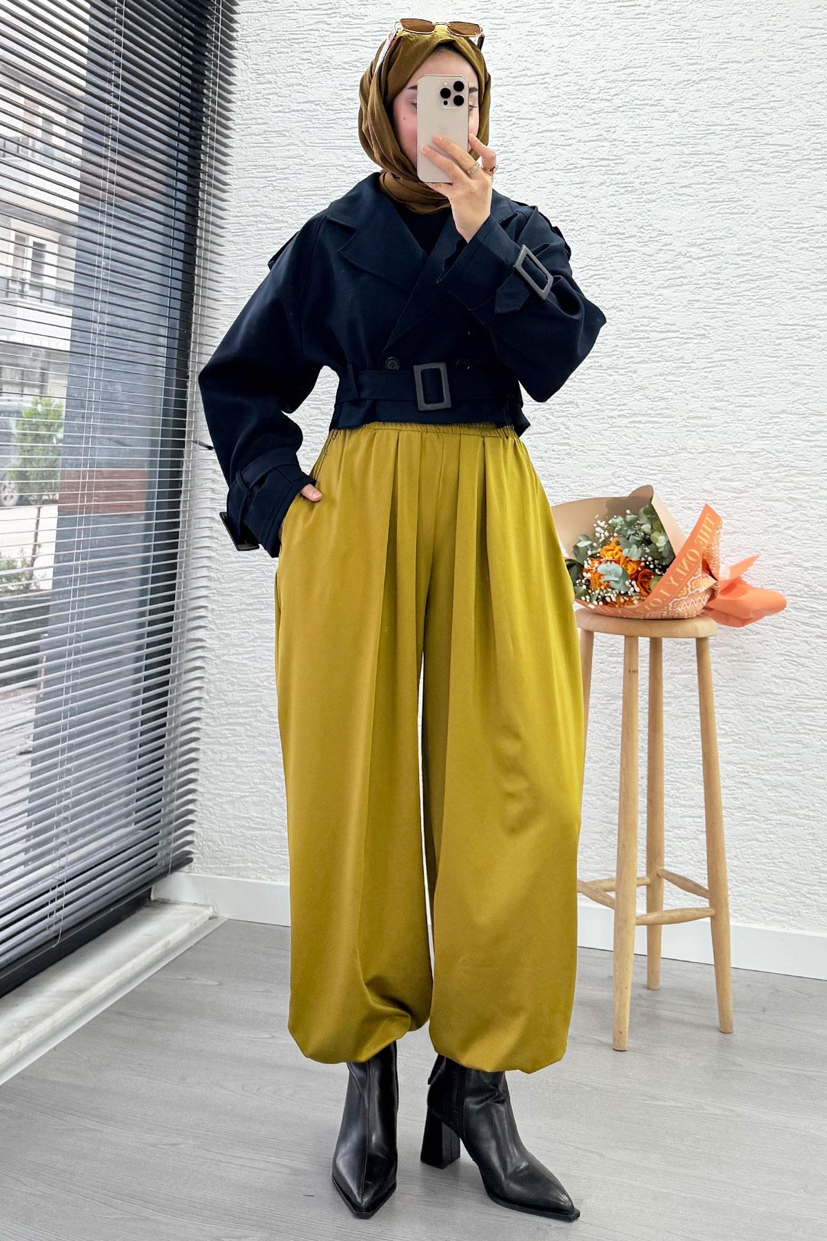 Şalvar Kesim Lastikli Bel Kadın Pantolon – Yağ Yeşili