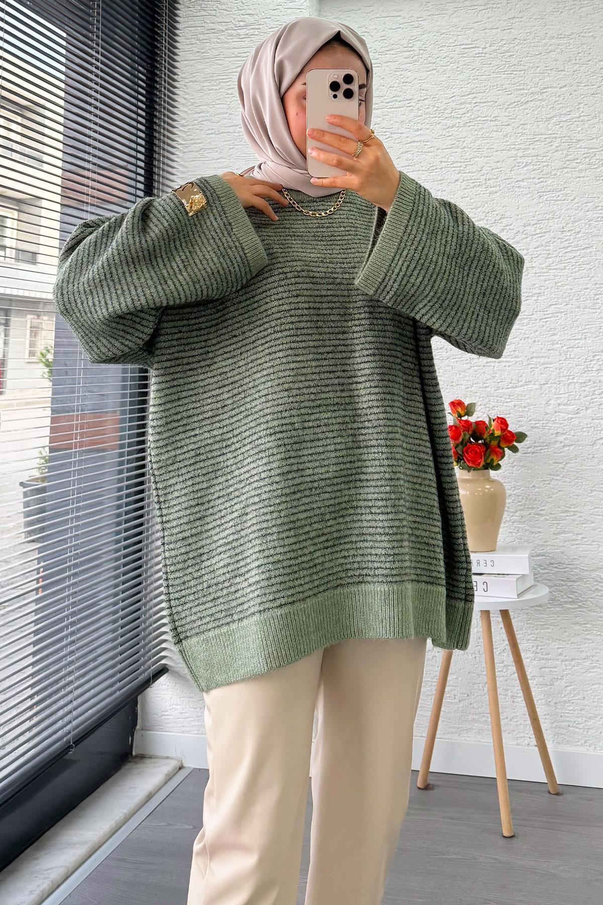 Sim Geçişli Oversize Kadın Triko Kazak – Mint