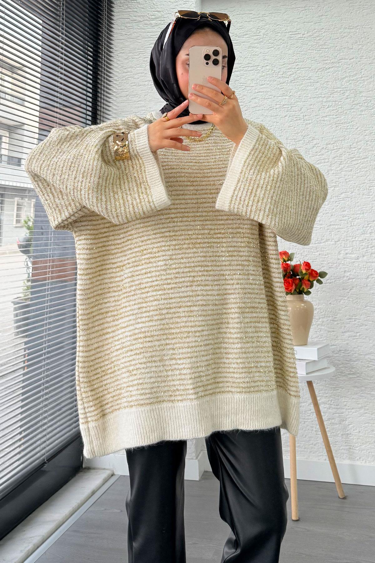 Sim Geçişli Oversize Kadın Triko Kazak – Ekru