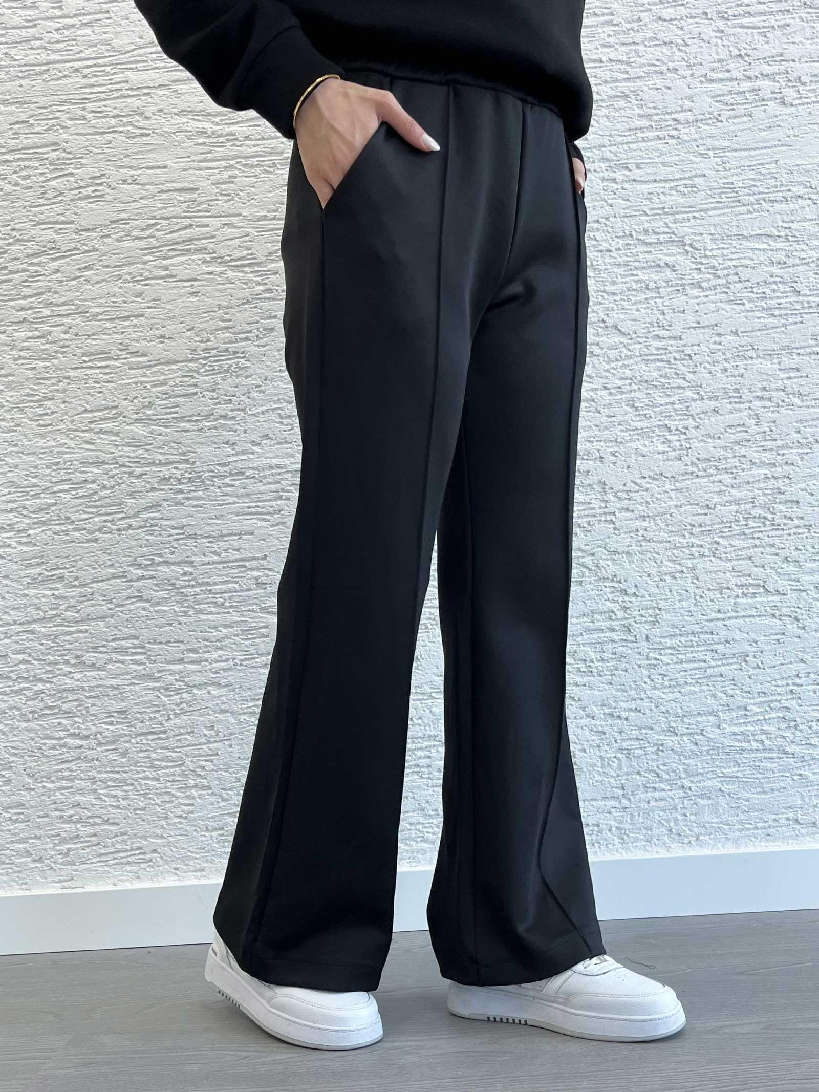 Siyah Kadın Scuba Kumaş Bol Paça Pantolon